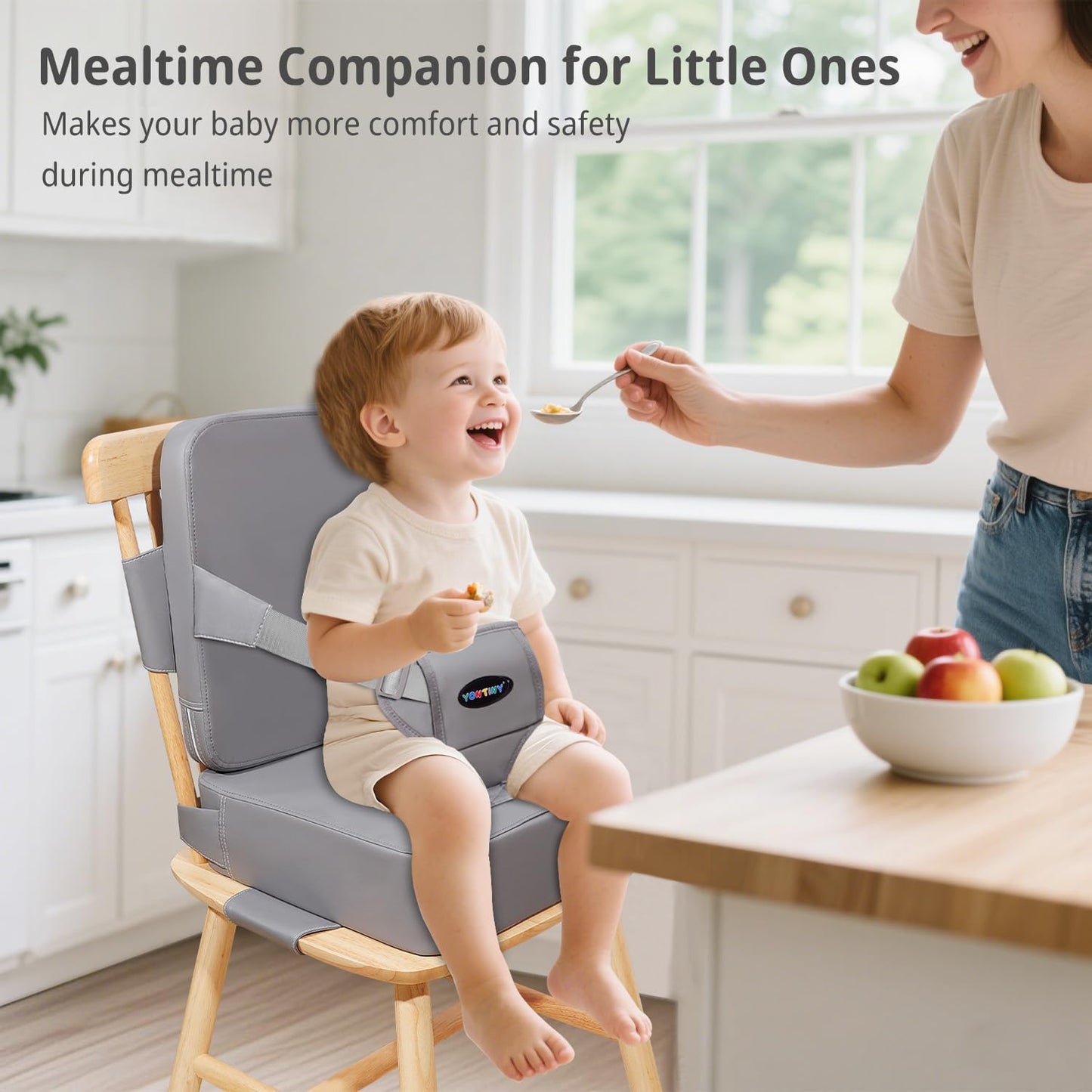 Toddler Booster Seat for Kitchen Chair, 2-in-1 Dining Table Booster Seat with Backrest & Adjustable Straps – Easy-Clean, PU Portable Toddler Eating Travel Increasing Cushion-Light Grey