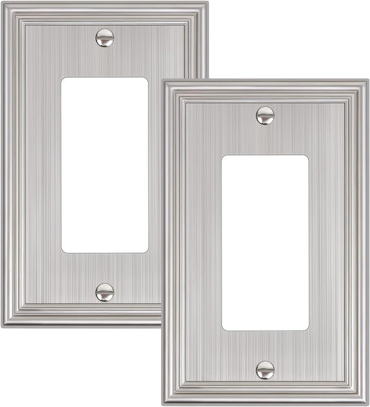 2-Pack Decorator Outlet Cover Plate, Brushed Nickel Decorative Switch Plates and Outlet Covers, Durable Zinc Alloy Wall Plates for Electrical Outlets, Receptacle, GFCI Outlet, Dimmer Switch