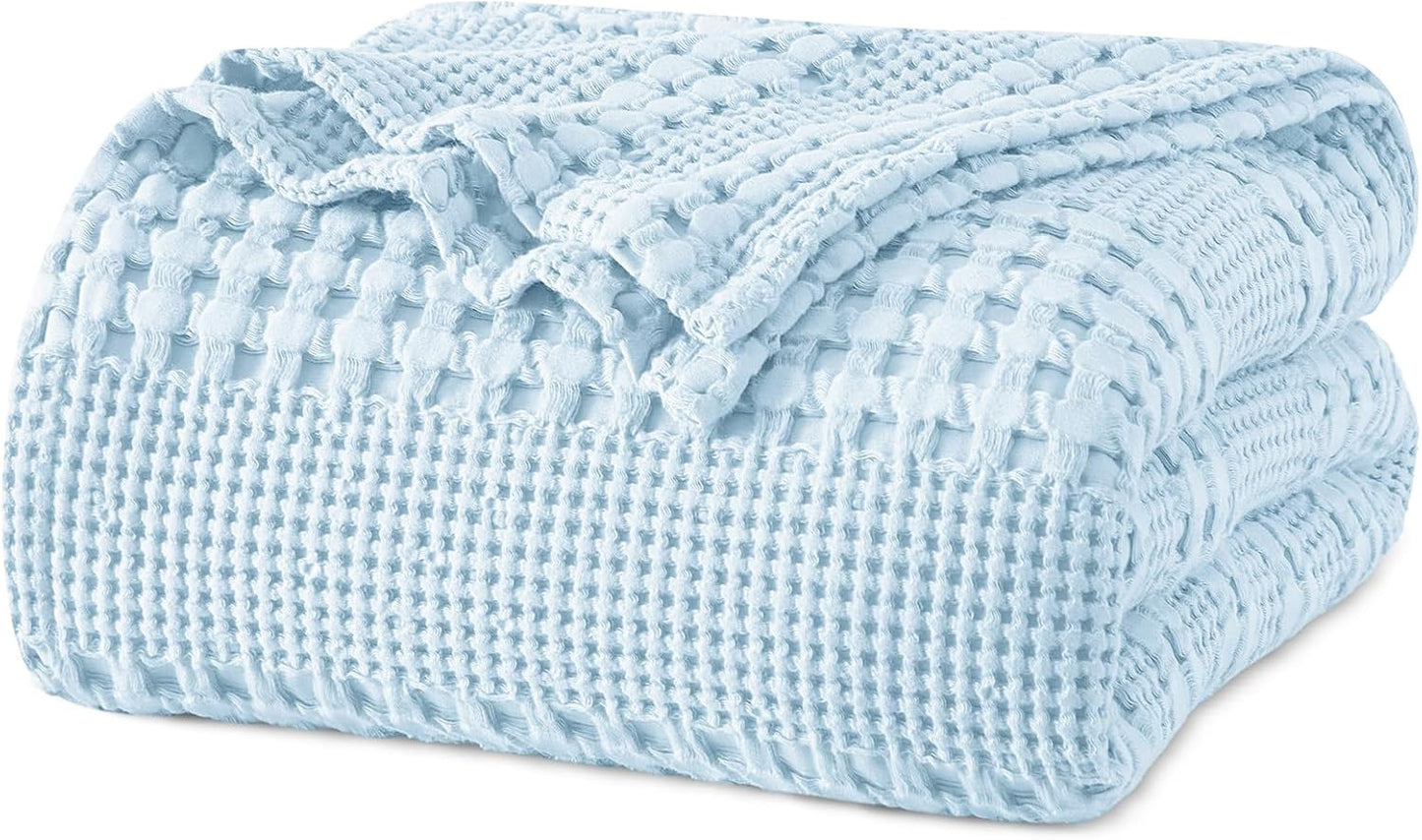 PHF 100% Cotton Waffle Weave Blanket King Size, Soft Lightweight Breathable Cozy Summer Blankets for Bed, Luxury Aesthetic Woven Bedding for Home Decor, 108"x90", Baby Blue