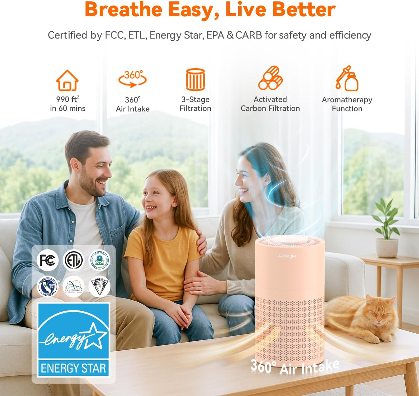 AIRROMI Air Purifier for Bedroom with HEPA 3-in-1 Filter, Pet Air Purifier for Home Cat Pee Smell, Covers Upto 990 Ft², Quiet 360°intake Air Cleaner for pet hair,allergies,Dust,Smoke A2001 Orange