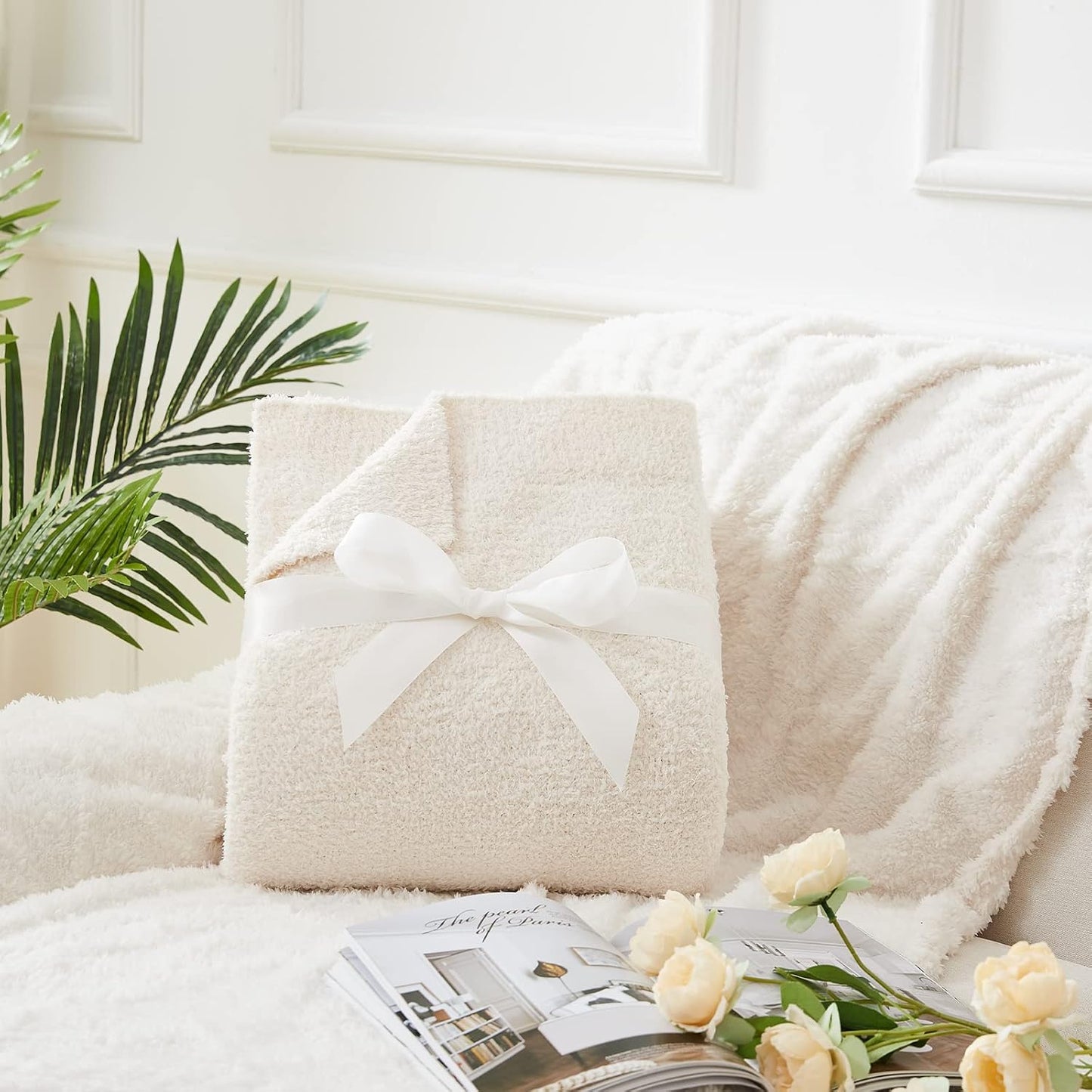 CYMULA Knit Throw Blanket for Couch Cream White - Super Soft Lightweight Plush Fuzzy Fluffy Cozy Blankets and Throws for Sofa Bed, 50 x 60 inches