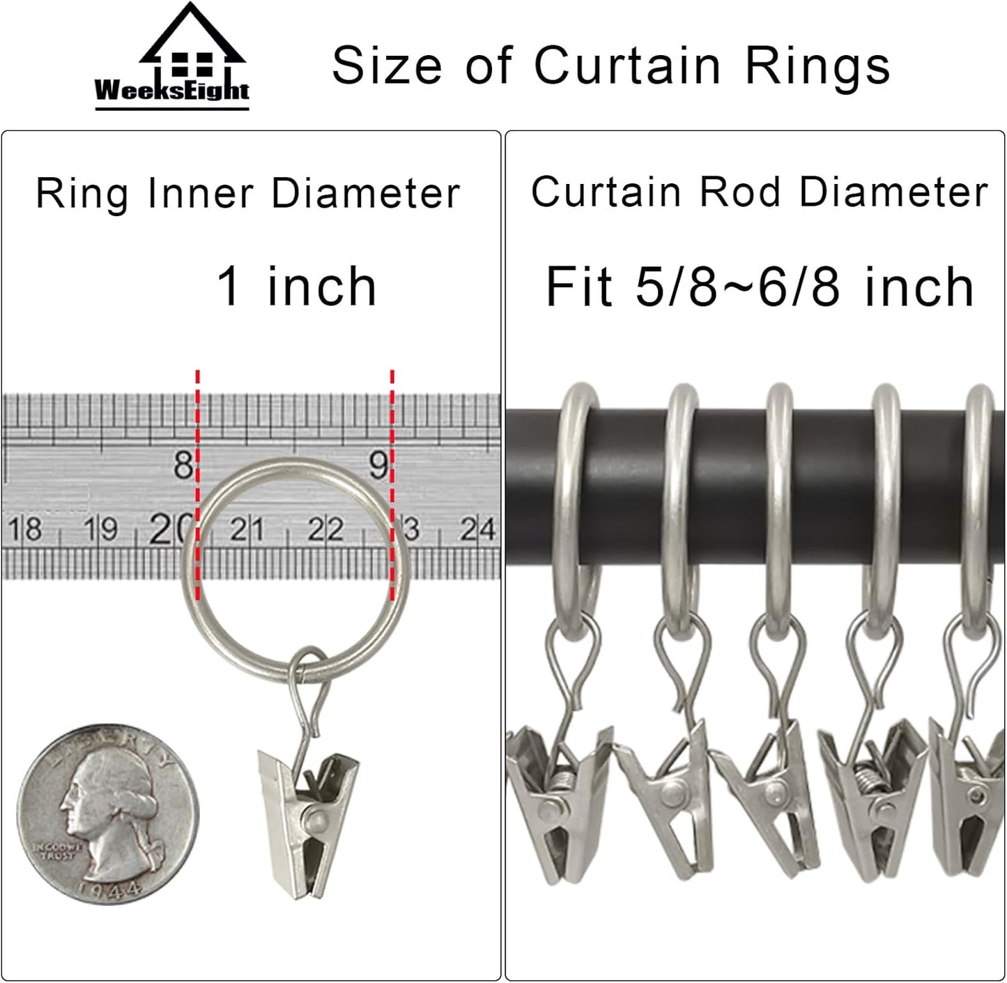 44 Pack Matte Silver Curtain Rings with Clips, Curtain Hooks Hangers Clip Rings for Hanging Drapes Bows Hat, Drapery Rings 1 in I D, Fits up to 5/8 in Diameter Curtain Rod.