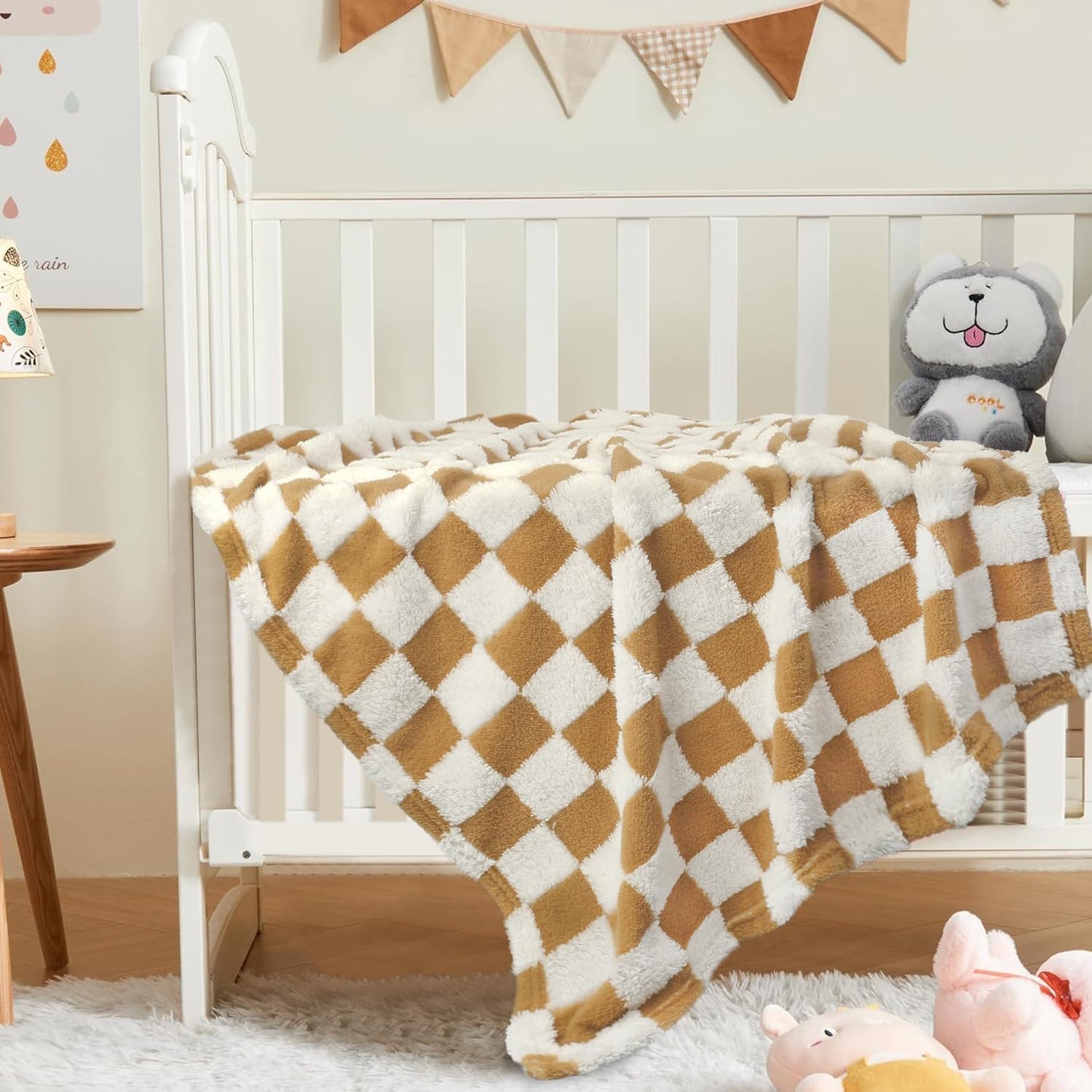 HOMRITAR Super Soft Baby Blankets for Boys Girls Warm Cozy Reversible Checkerboard Toddlers Blanket, Fluffy Fuzzy Plush Lightweight Bed Blanket with Chessboard Grid Design 350GSM Khaki 30 x 40 Inch