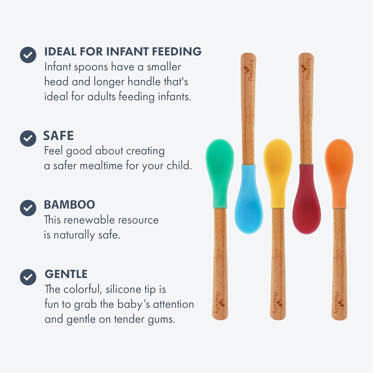 Avanchy Bamboo & Silicone Infant Training Spoons, BPA Free - Soft Tip, Easy on Gums, First Stage Feeding Utensils for Baby-Led Weaning, Self-Feeding, Assorted w/Pink