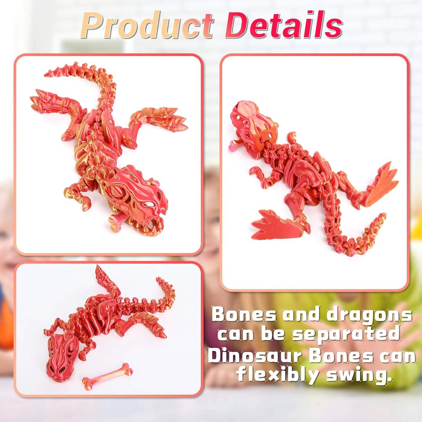 3D Printed Dinosaur Bones Tyrannosaurus Rex Skeleton with Movable Joints, 3D Model Skull T-Rex, Flexible Articulated Dinosaur Fidget Toys Adults for Autism/ADHD