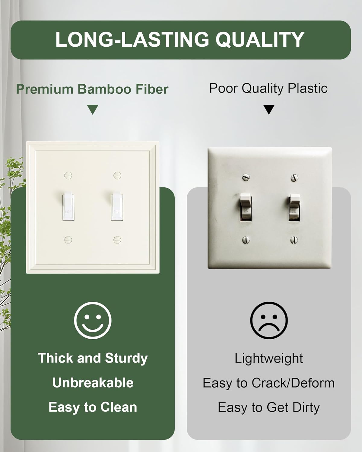 2-Pack Double Toggle Light Switch Cover Plate, Light Almond Decorative Dual Switch Plate Covers, Natural Bamboo Fiber 2 Gang Wall Plate, Corrosion Resistant