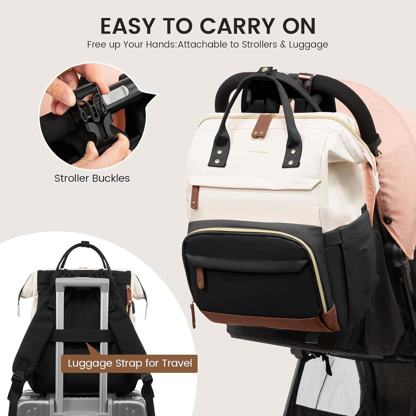 LOVEVOOK Diaper Bag Backpack, Baby Bag with Changing Station, Large Diaper Backpack for Mom Dads, Waterproof Mommy Bag for Boy and Girl, Travel Essential Baby Shower, Black-Beige