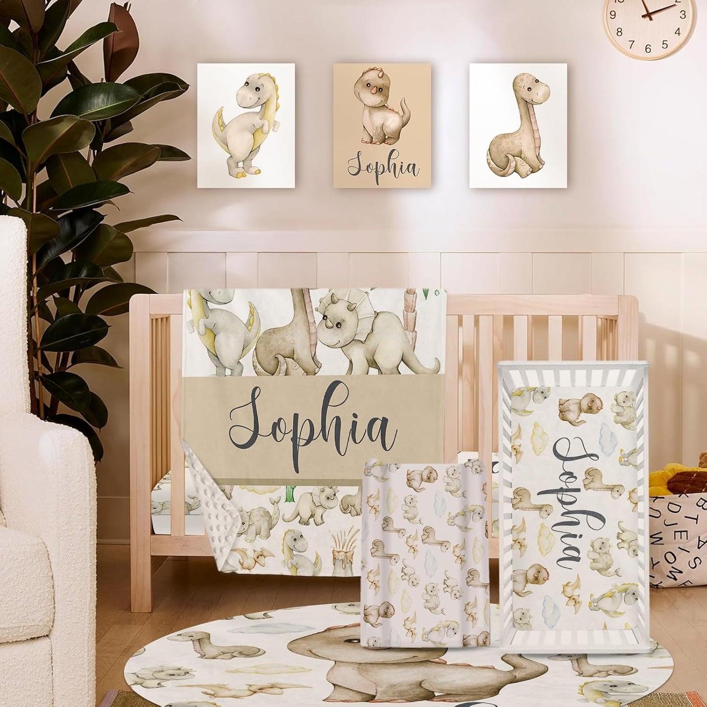 Personalized Baby Crib Bedding Set, 5-Piece Cute Dinosaur Baby Crib Sets with Custom Name, Toddler Double Layer Blanket Fitted Sheets Changing Pad Cover Rug Wall Art Set, Charming Nursery Decor