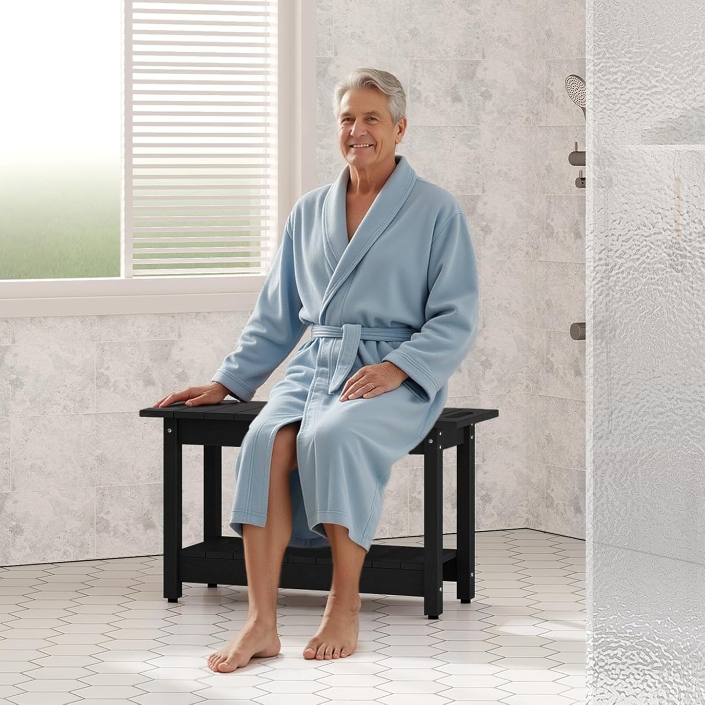 30" Shower Bench, Waterproof Poly Lumber Shower Stool for Shaving Legs, Shower Chair Seat Holds up to 400lbs, Bathroom Bench for Inside Shower, Non-Slip (Black)