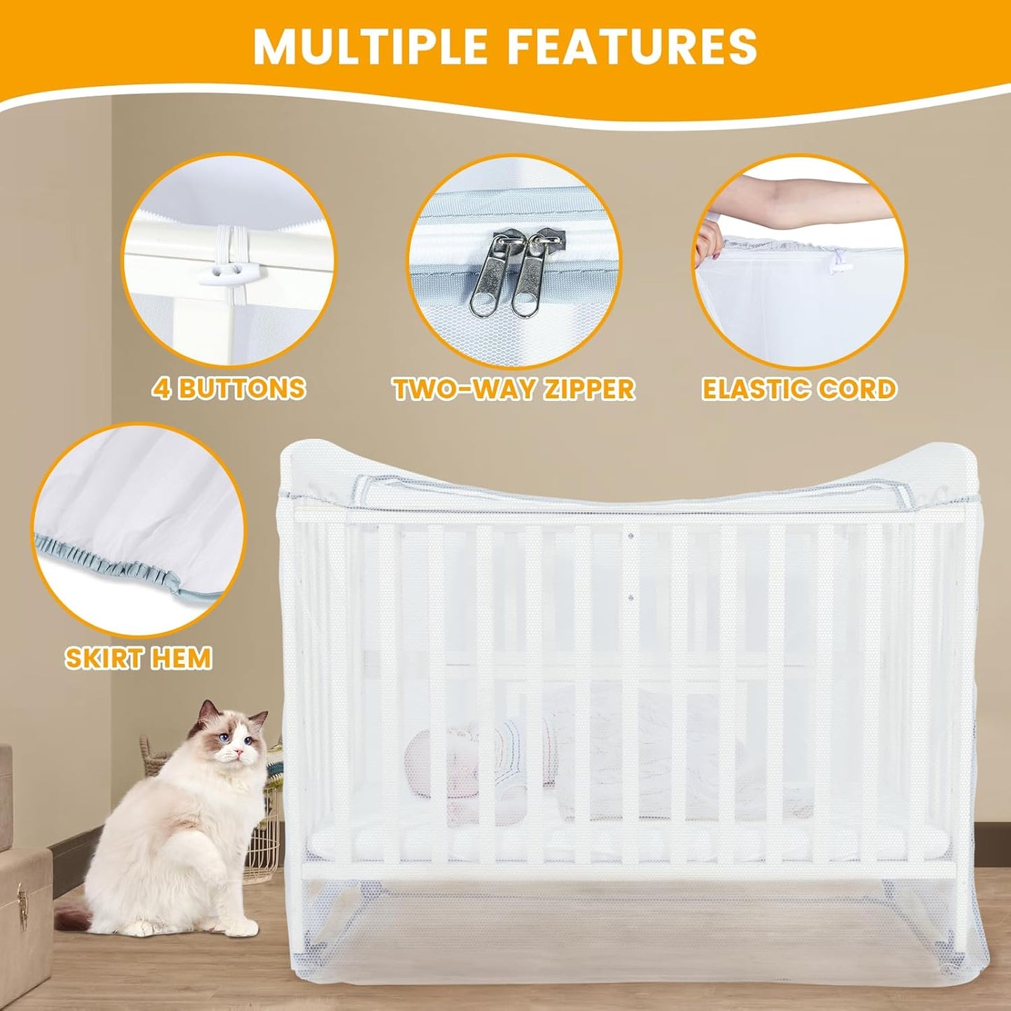 Orzbow Baby Crib Tent to Keep Baby from Climbing Out, Encrypted Mosquito Net for Crib, Crib Net with Two-Way Zippers, Durable and Breathable Mesh Cover, Falls and Mosquito Bites, White
