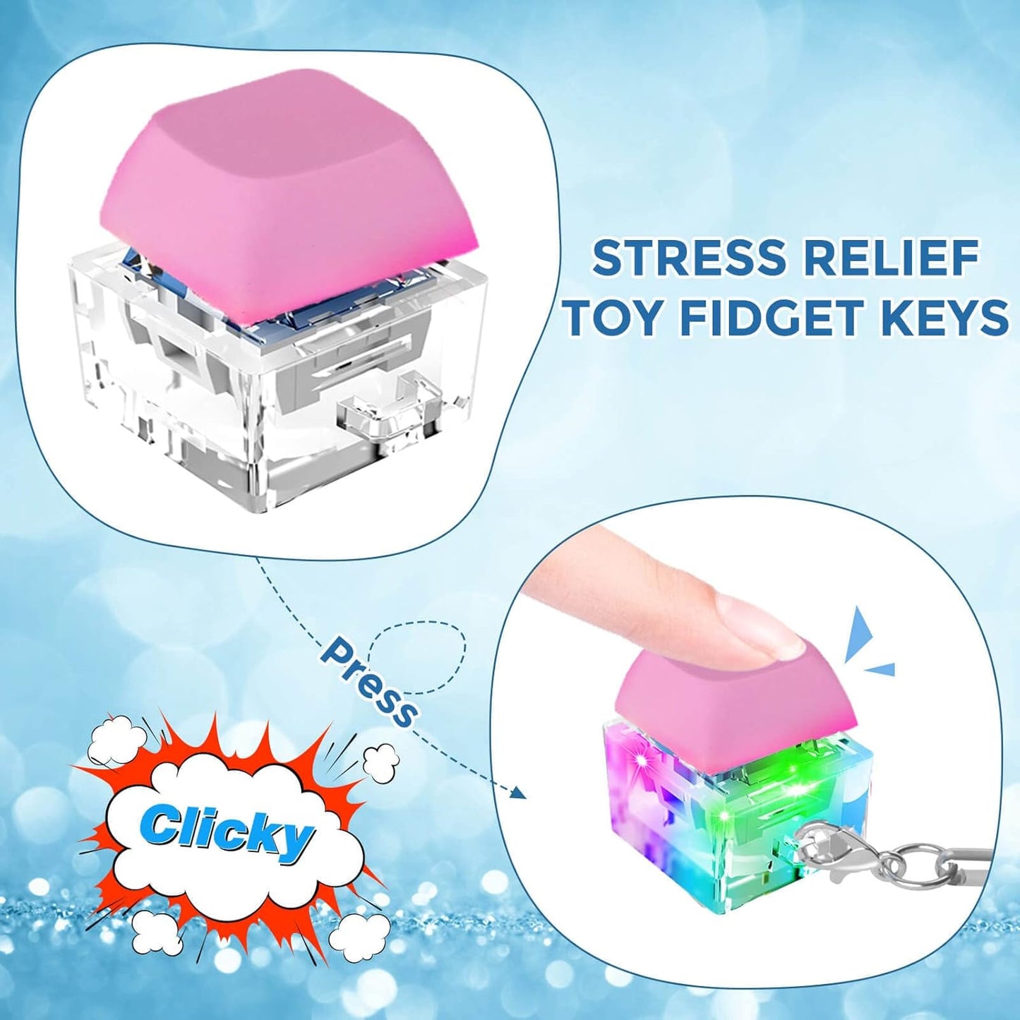 Keyboard Fidget Toys, Keyboard Fidget Keychain Keyboard Decompression Toys Keyboard Fidget Toy Button Stress Relief Gifts for Adult and Kids,Finger Clicker Toys,ADHD Toy,Cool Fidgets(LED Light-Pink)