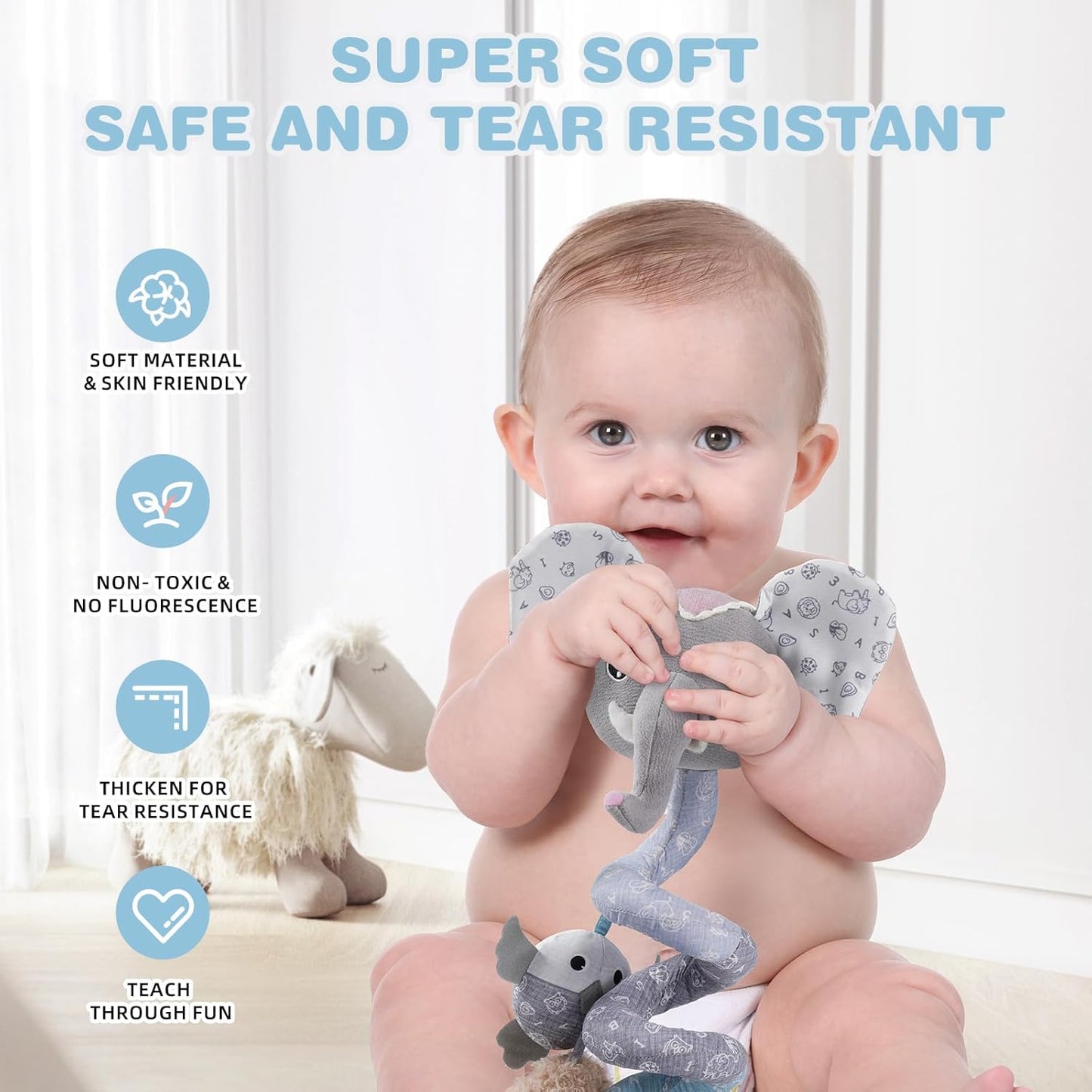 Jollybaby Baby Car Seat Stroller Toys, Plush Activity Hanging Spiral Activity Pram Crib with Music Box, Rattles, Squeaker for Babies Infant Boys Girls (SZ Gray Elephant)