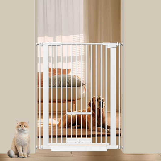 40.55" Tall 1.37" Ultra Narrow Spacing 30.12-34.06" Dogs Pets Baby Gate with Cat Door for Doorway Safety Proof Indoor Extra Wide Puppy Pressure Mounted No Drill White Black Metal Hallway