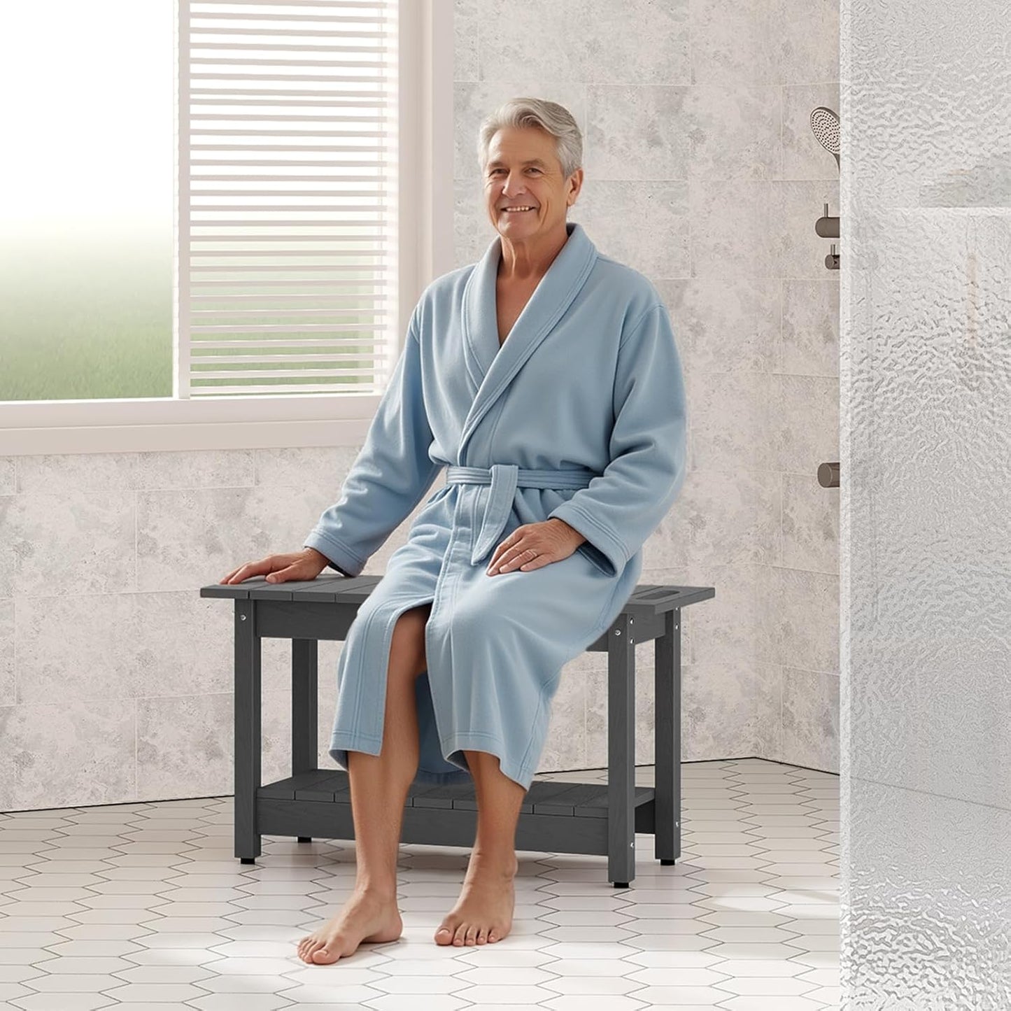 30" Shower Bench, Waterproof Poly Lumber Shower Stool for Shaving Legs, Shower Chair Seat Holds up to 400lbs, Bathroom Bench for Inside Shower, Non-Slip (Grey)