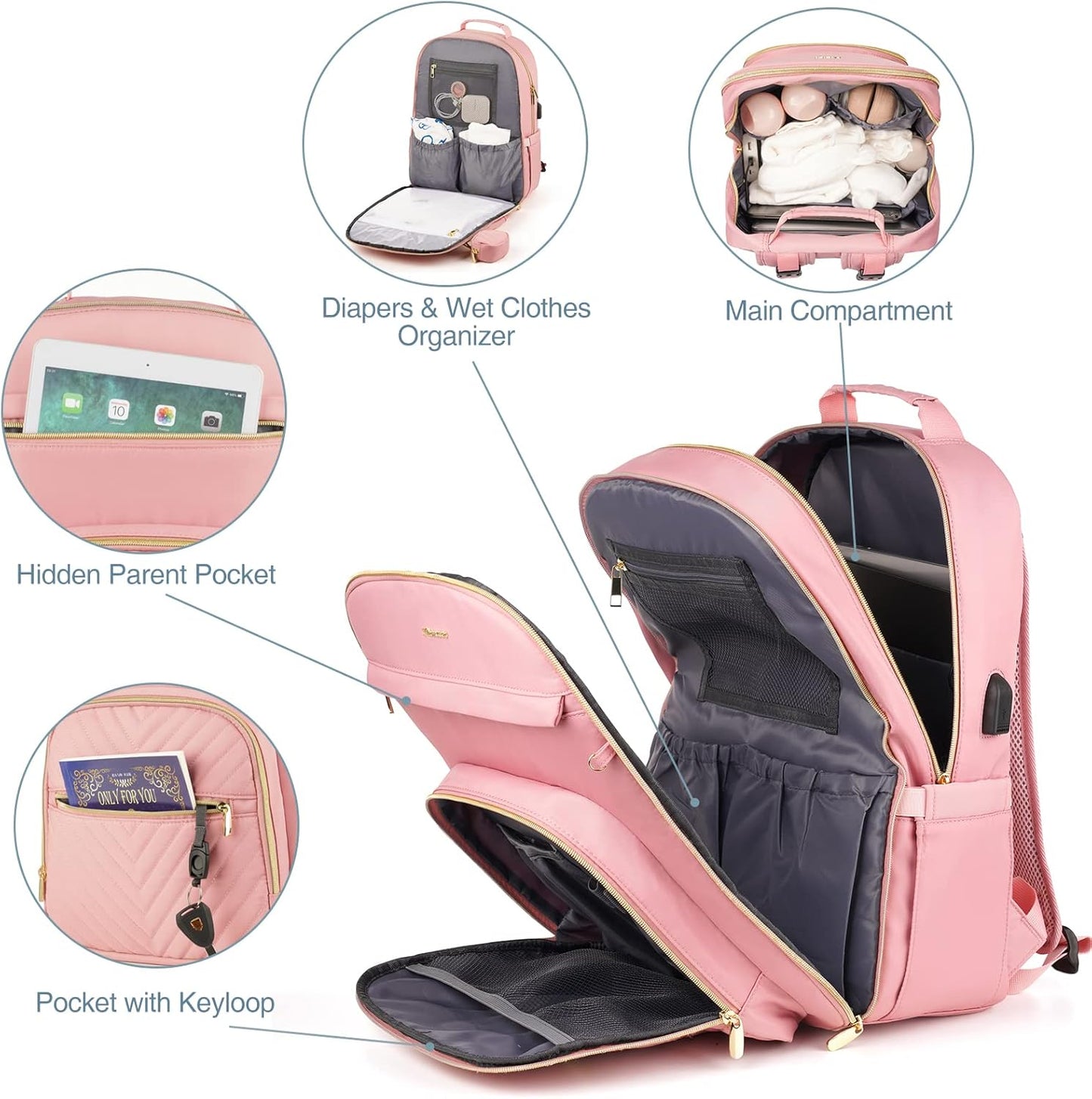 MOMUVO Diaper Bag Backpack, Quilted Baby Bag with Changing Pad & Stroller Straps & Pacifier Case, Large Travel Diaper Bags for Mom Dad, Pink