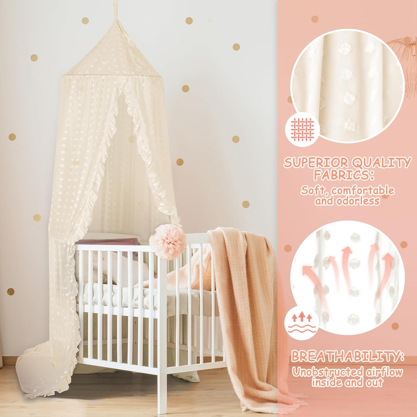 Princess Bed Canopy for Girls - Crib Canopy for Bed - Mosquito Net for Bed, Kids Bed Canopy with Princess Room Decor for Girls Bedroom,Children's Reading Room Decor (Beige)