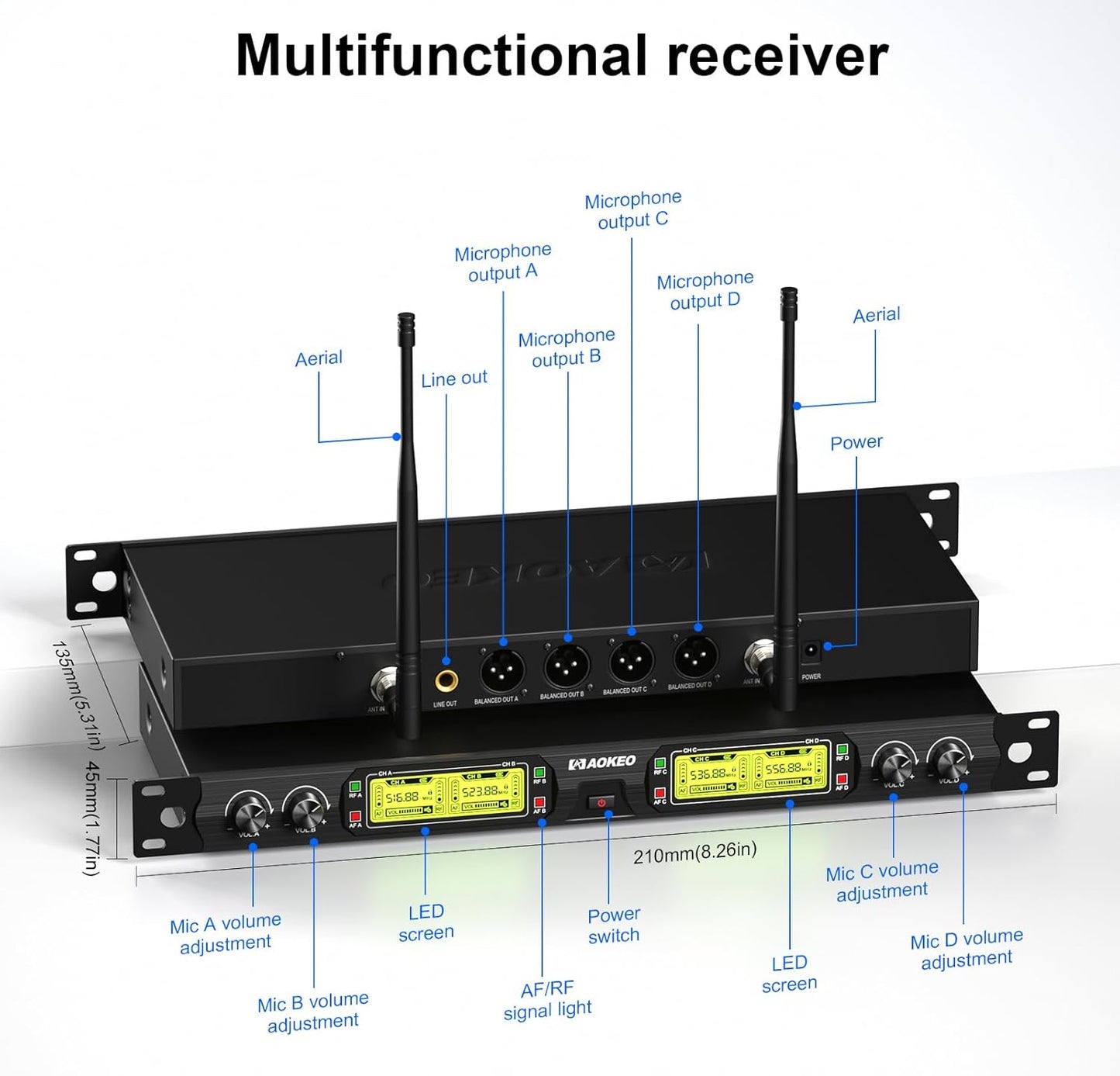 Aokeo Wireless Microphones System, 4 Channel UHF Wireless Mics,with 4 Handheld Dynamic Microphones,Metal Receiver for Karaoke,Singing,Wedding,Party,Speech,Church