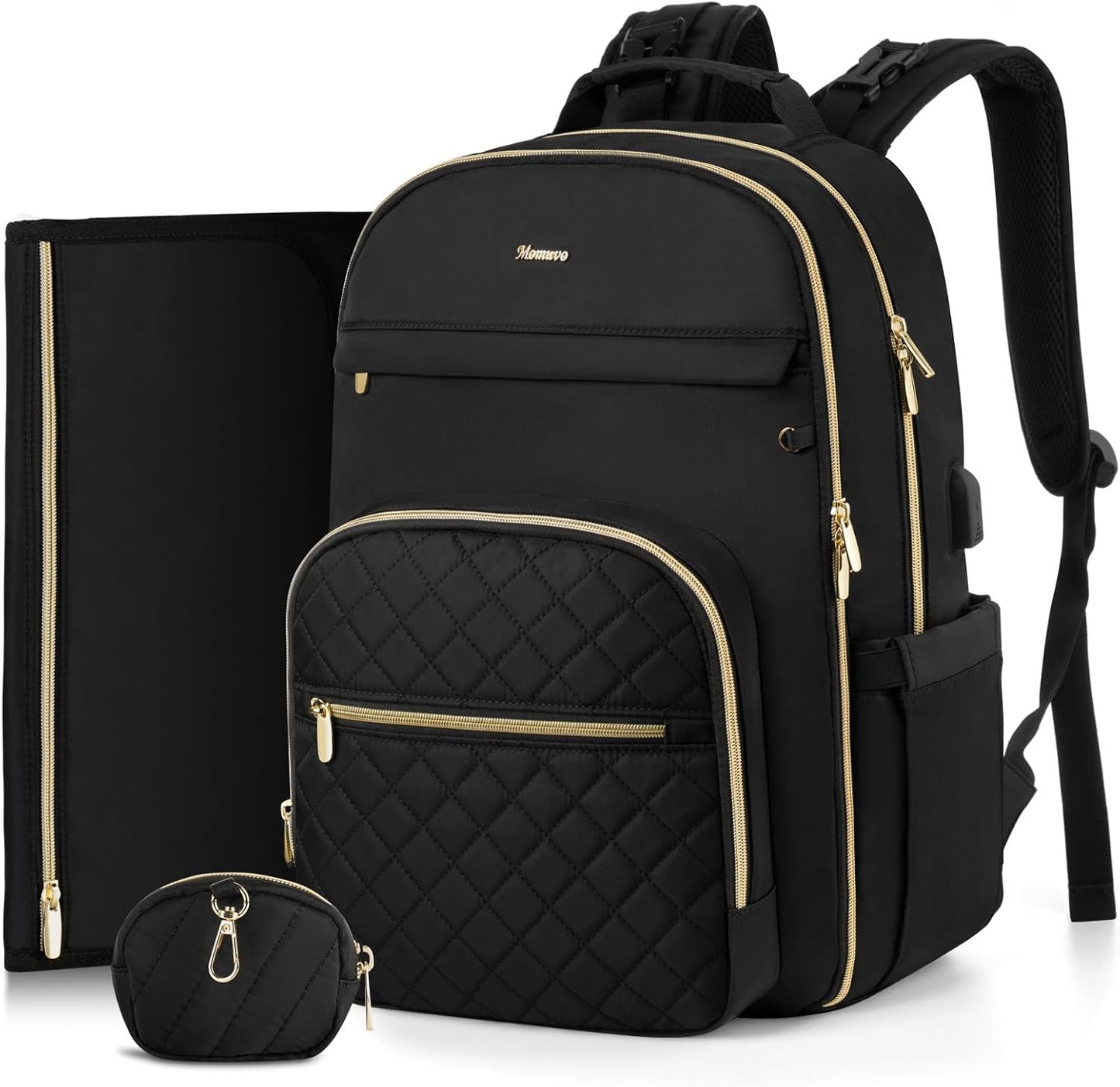 MOMUVO Diaper Bag Backpack, Quilted Baby Bag with Changing Pad and Stroller Straps and Pacifier Case, Large Travel Diaper Bags for Mom Dad,Black