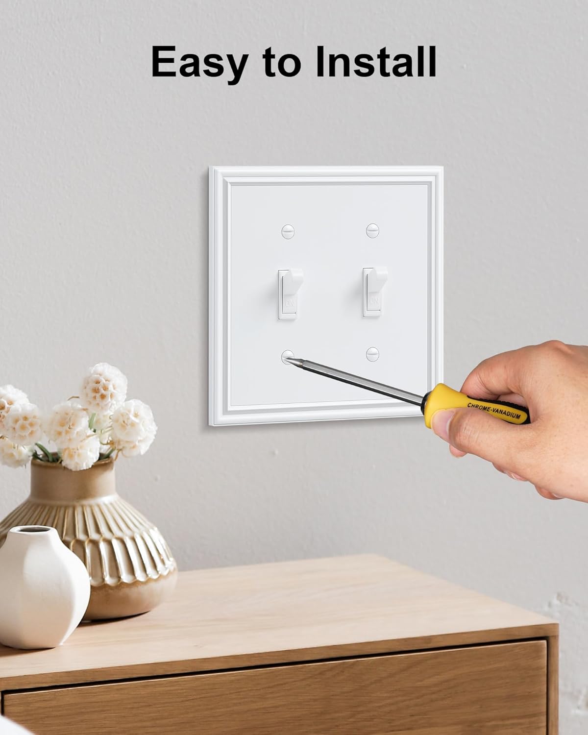 2-Pack Double Toggle Light Switch Cover Plate, Durable Solid Zinc Alloy Decorative Dual Switch Plate Covers, Pure White 2 Gang Wall Plate, Corrosion Resistant