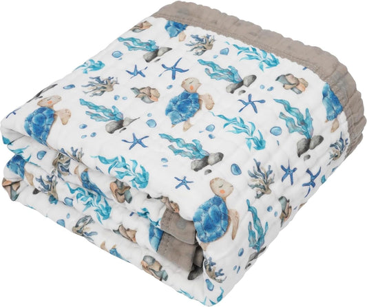 Organic Cotton Muslin Baby Blanket for Boys and Girls - Luxurious Soft Toddler Quilt for Swaddling - Gender Neutral Blankets Makes a Great Sea Turtle