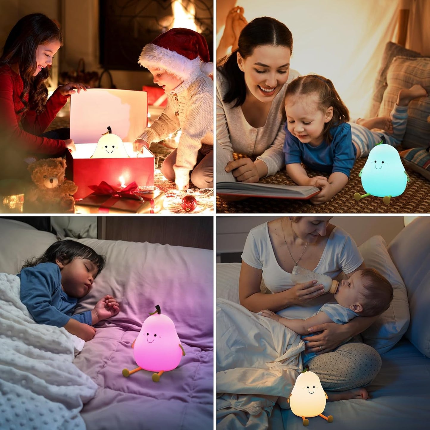 Aolyty Kids Night Light, Cute Silicone Pear Table Lamp Warm Light&7 Colors Modes Clap Light with Timer Dimmable Bedside Lamp USB Charge Gifts for Children Boys Girls Room Decor