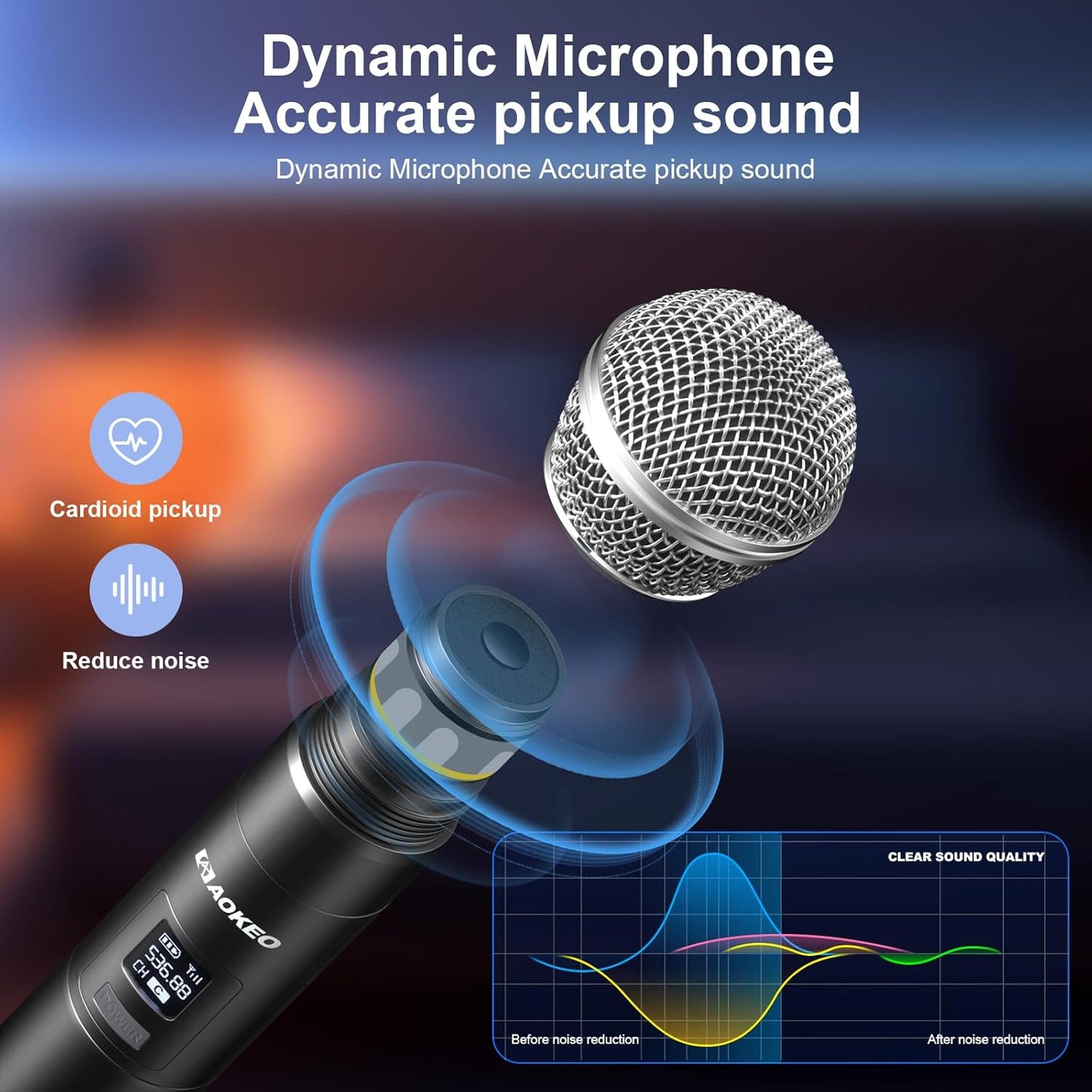 Aokeo Wireless Microphones System, 4 Channel UHF Wireless Mics,with 4 Handheld Dynamic Microphones,Metal Receiver for Karaoke,Singing,Wedding,Party,Speech,Church