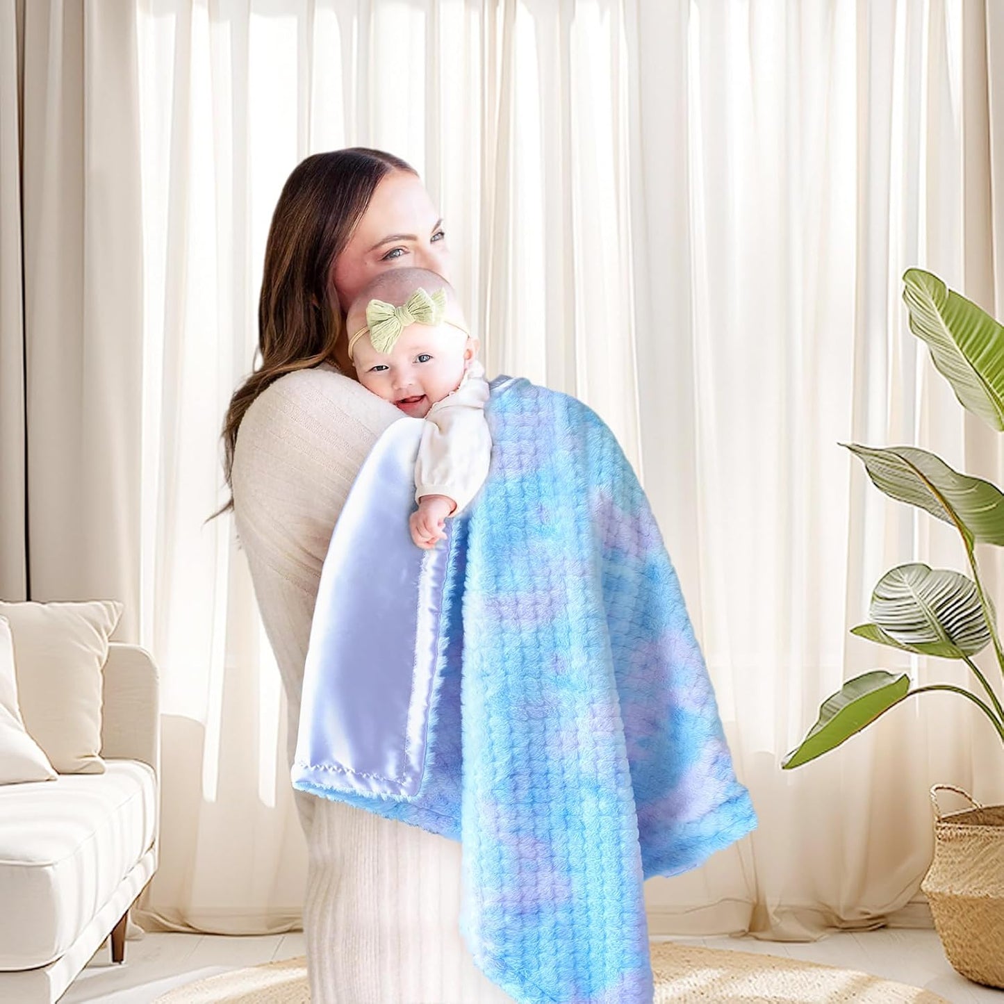 Baby Blanket for Boys Girls Reversible Fluffy Fuzzy Fleece & Skin-Firendly Silk Silky Backing, Cozy Soft Plush Blanket for Toddlers Swaddling, Stroller, Playtime Rainbow Blue 30 x 40 Inch