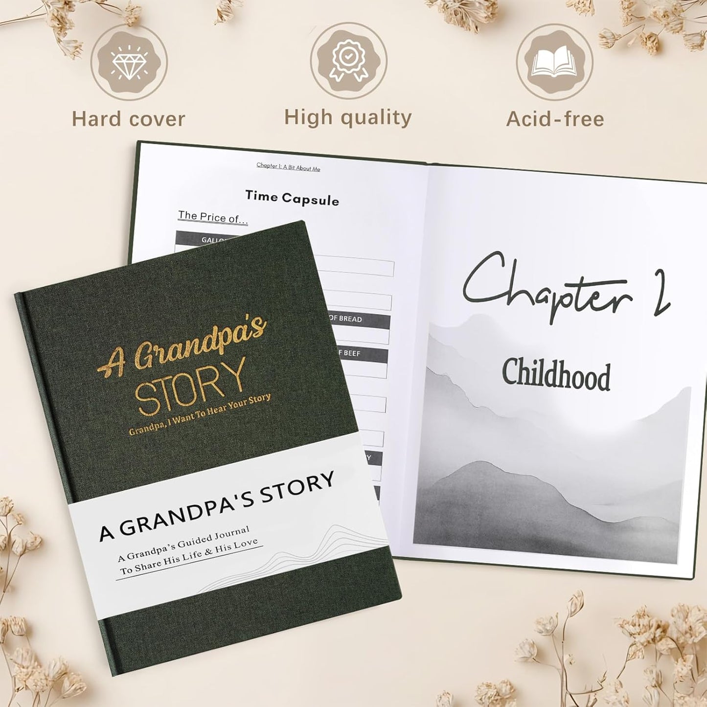 Artmag Grandpa's Life Story Journal Family Keepsake Book Linen Hardcover for Grandpa to Share His Memories, with 250+ Prompt Questions Gift for Birthday Father's Day Christmas (Dark Green)