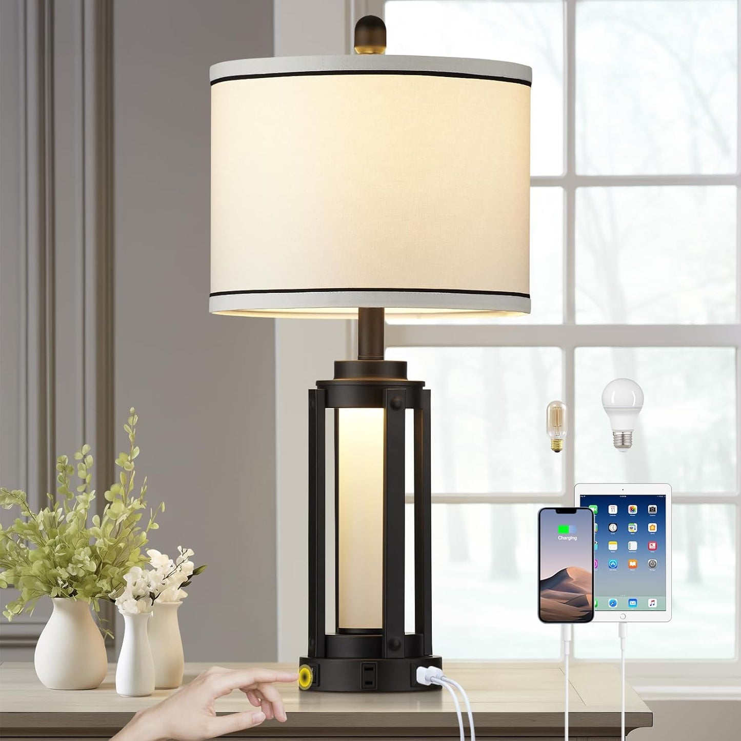 26" Modern Table Lamp with USB A+C Charging Ports & AC Outlet, Industrial Beside Contemporary Lamp Glass LED Night Light for Living Room Bedroom Nightstand End Table Single Black(2 Bulbs Included)