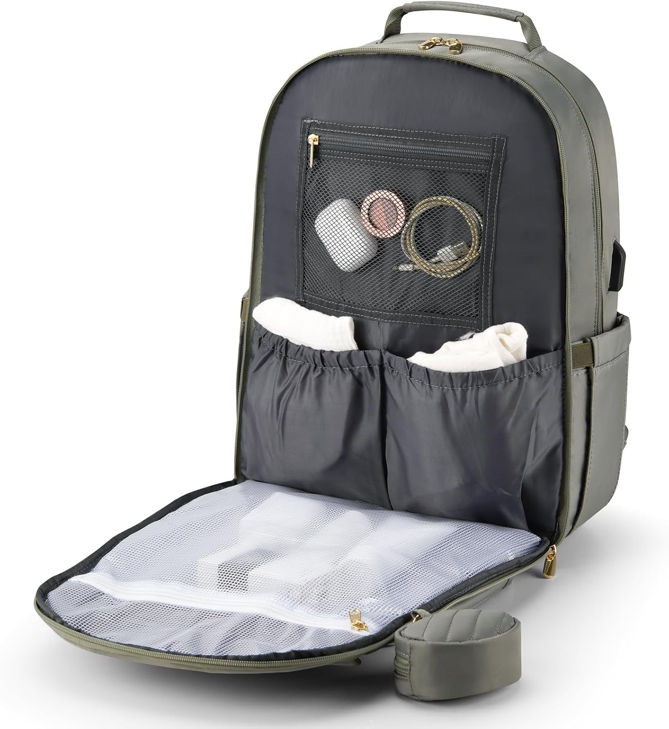 MOMUVO Diaper Bag Backpack, Quilted Baby Bag with Changing Pad & Stroller Straps & Pacifier Case, Multifunction Waterproof Travel Diaper Bags, Unisex, Olive Green