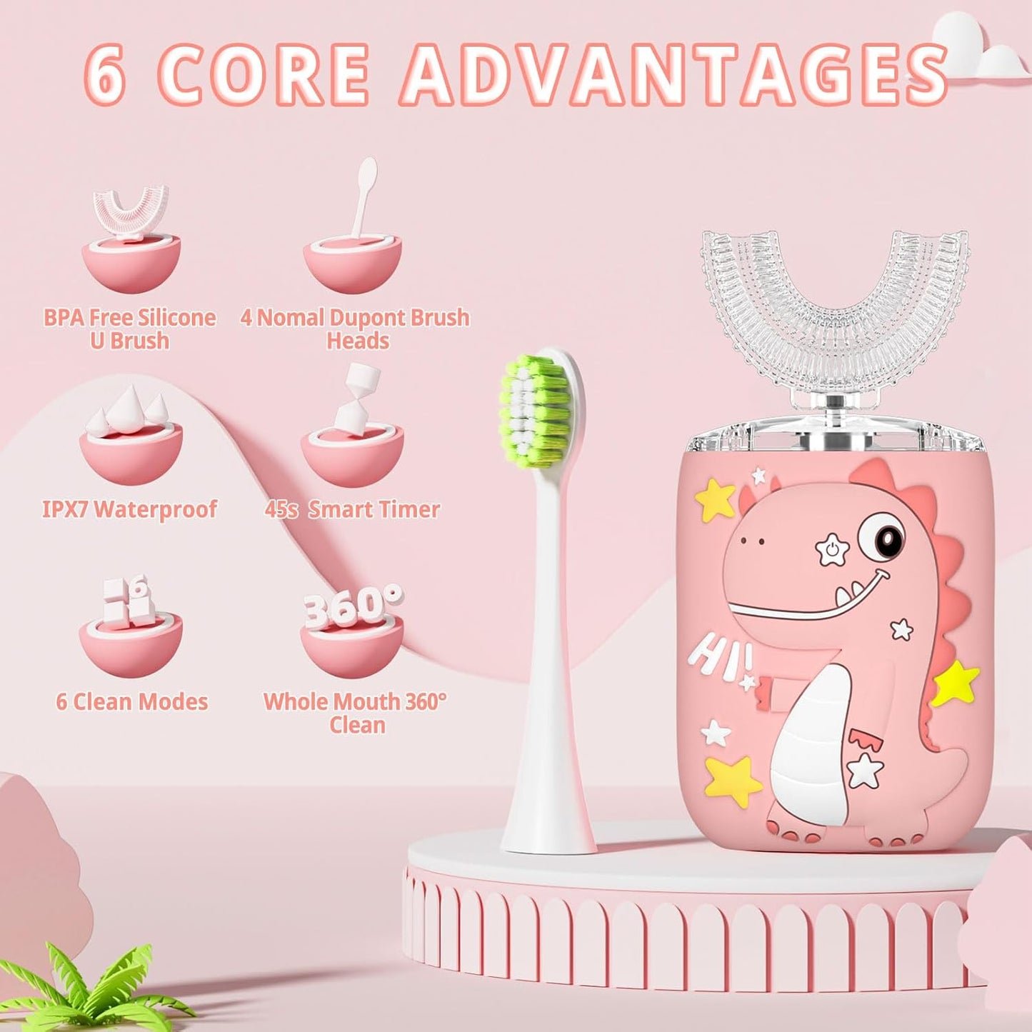 Kids Electric U Shaped Toothbrush,Kids Sonic Full Mouth Toothbrush with 4 Soft Brush Head Automatic Rechargeable 6 Cleaning Modes IPX7 Waterproof 360 Degree Cleaning - Age2-7 Pink