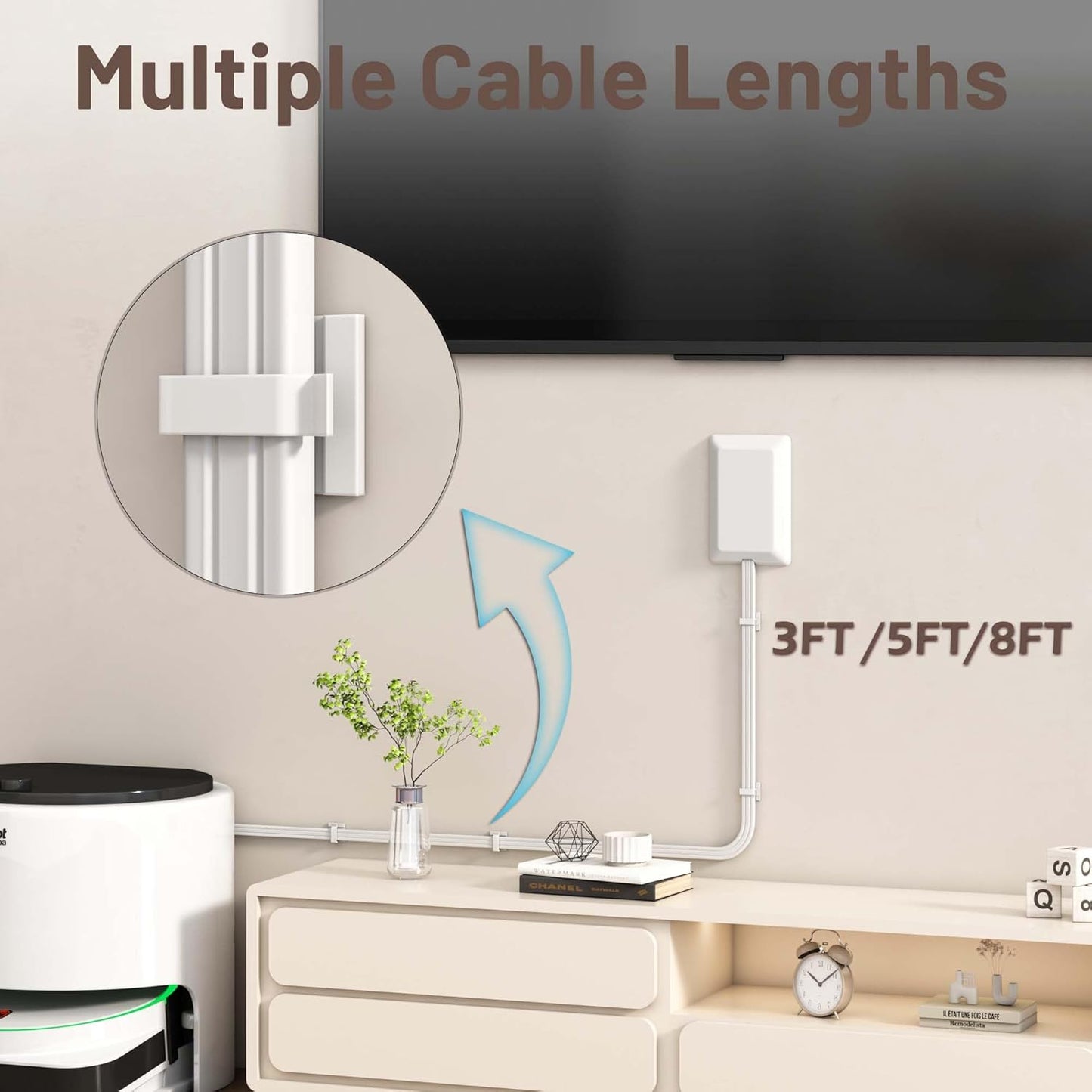 8FT Flat Plug Extension Cord with 3 Outlet Power Strip,Ultra Thin Outlet Concealer with Outlet Covers Baby Proofing,Flat Face Outlet Extender for Home,Bedroom,Kitchen with ETL Listed,White