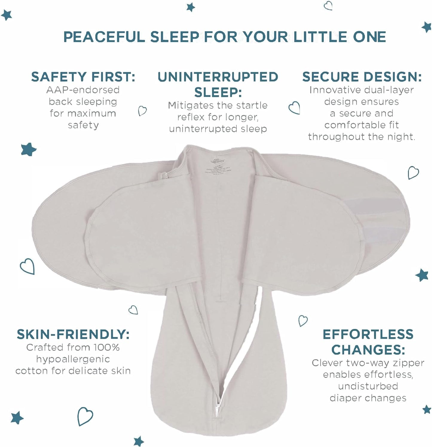 LullaBaby "Double Dream Swaddle: Exclusive Dual Wing Design, Pediatrician-Endorsed, Ultra-Soft Cotton, 0-2 Months, 6-14 lbs - White Sand