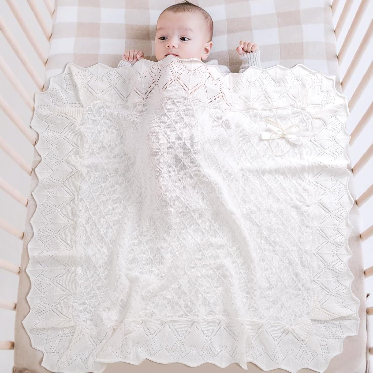 Booulfi Knit White Baby Blankets Neutral,Crib Stroller Newborn Blankets for Boys Girls,Cotton Lace Crochet Winter Blanket Nursery Blanket New Baby Essentials, 38X39