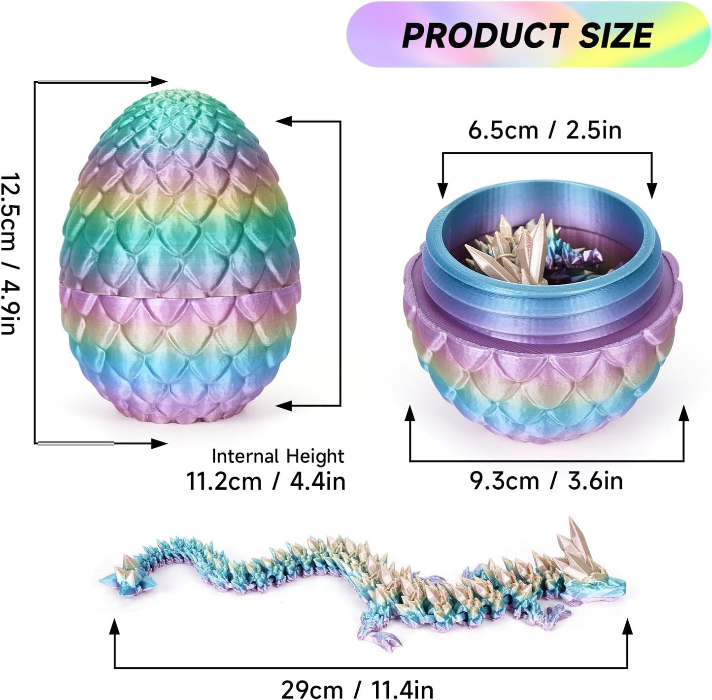 3D Printed Dragon Egg,Dragon Eggs with Dragon Inside,Crystal Dragon Fidget Toys,Full Articulated Dragon in Egg, Adults Fidget Toys for Autism ADHD (Random Rainbow Dragon Egg)