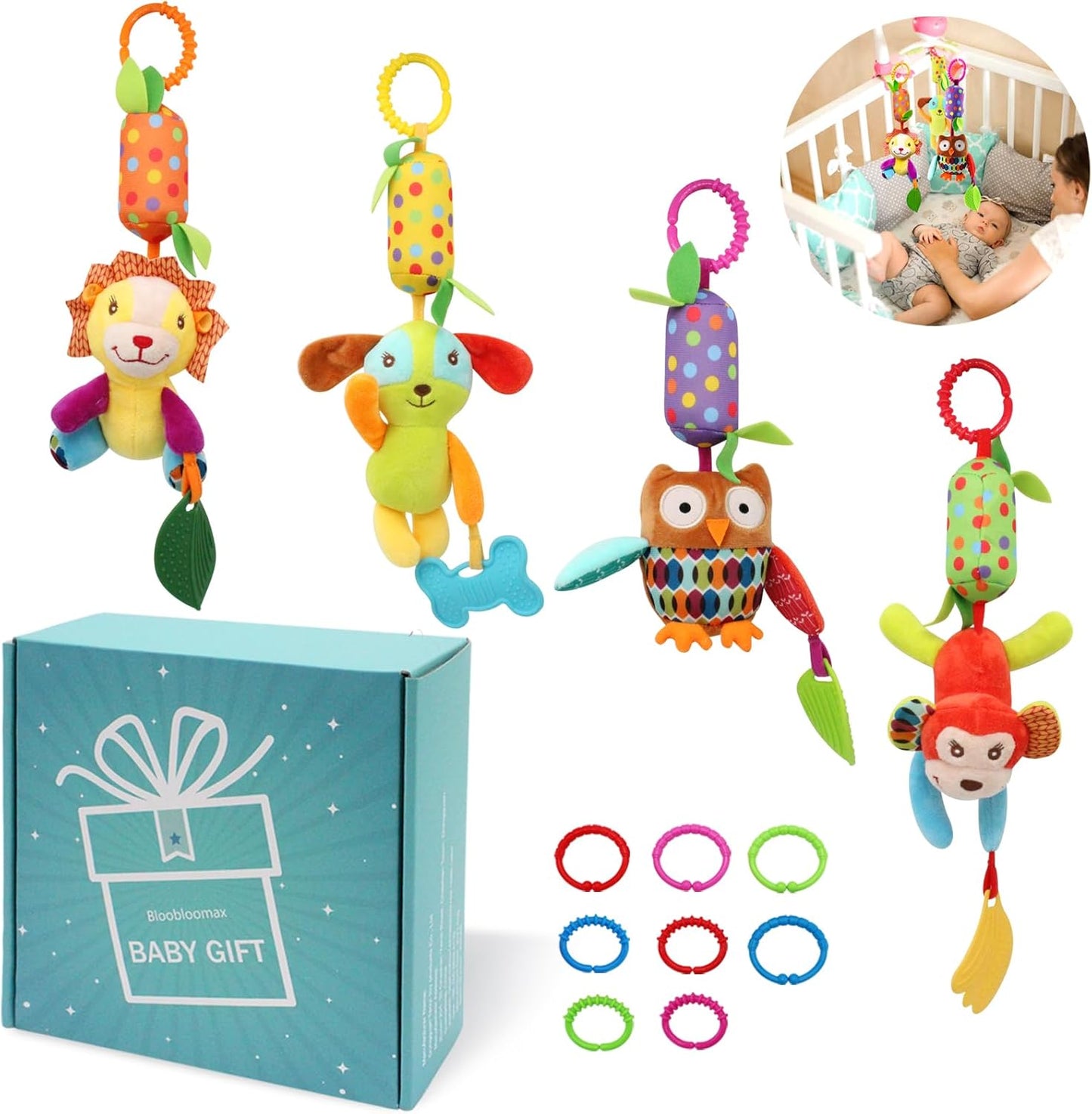 Bloobloomax Baby Soft Hanging Rattle, Car Seat Stroller Toys with Plush Animal C-Clip Ring for Infant Babies Boys and Girls 3 6 9 to 12 Months (12PCS-A)