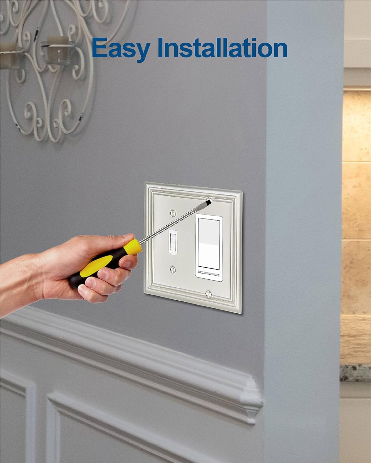 1-Pack Combination Toggle/Decorator Wall Plate, Metal Wall Plate Cover for Light Switch, Receptacle, Dimmer Switch, Satin Nickel, 2-gang, Midsize