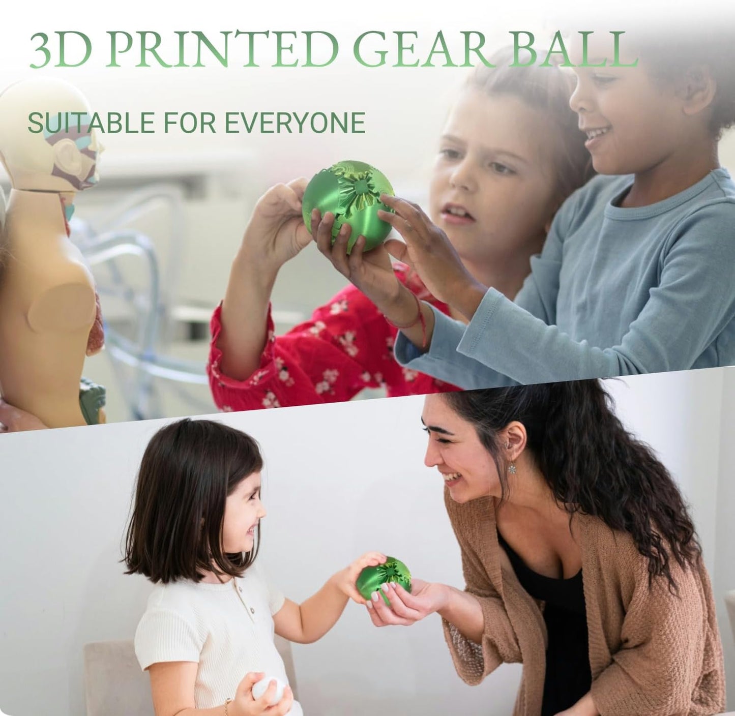 3D Printed Gear Ball, Gear Sphere Fidget Toy Stress Relif Toy for ADHD, Anxiety Relaxing Toy for Adults at Work/Study/Travel, Yellow-Green