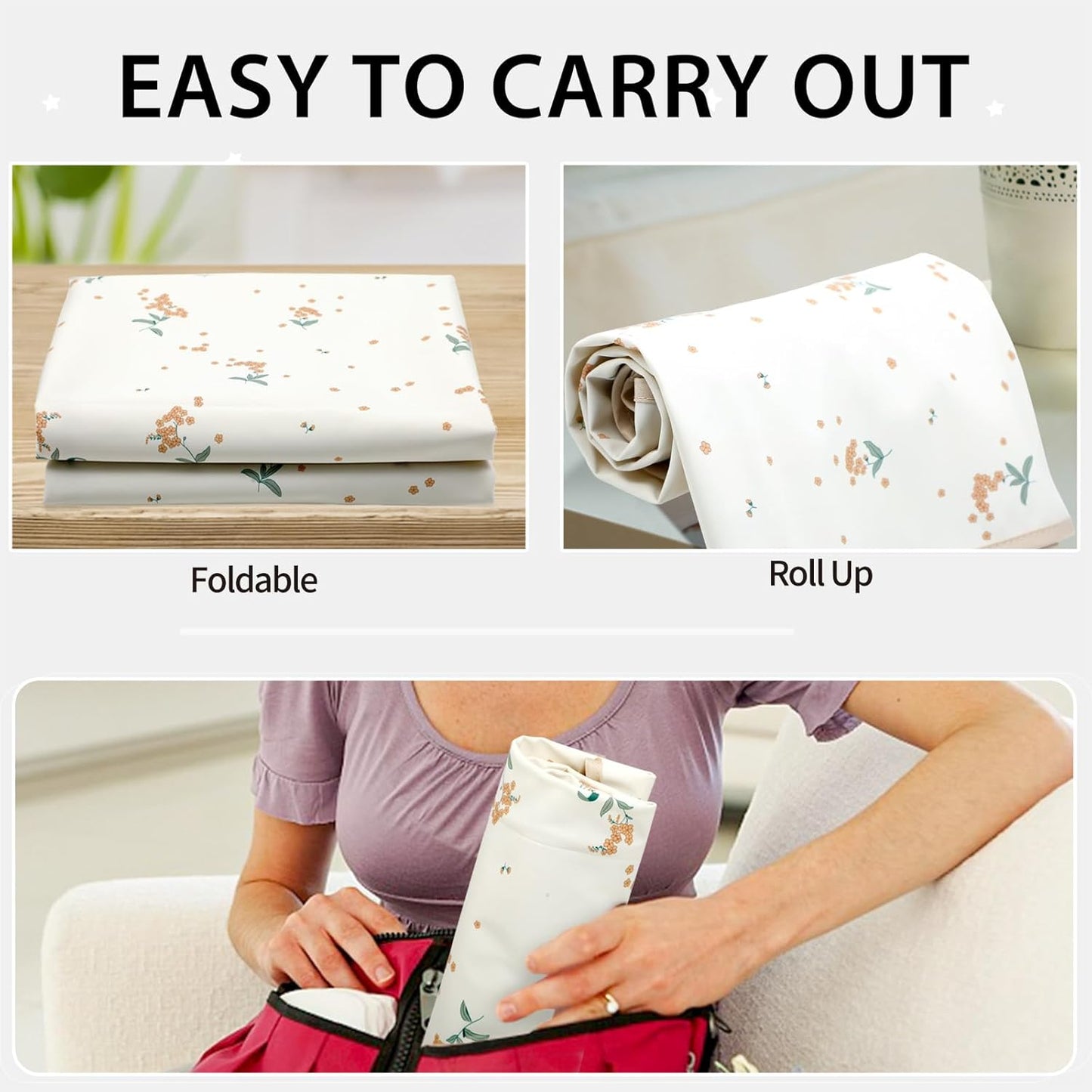 Vegan Leather Baby Changing Mat - Wipeable Portable Changing Pad, Foldable Travel Changing Mat for Baby, Newborns Toddlers Shower Gifts (Orange Floral,20"*28")