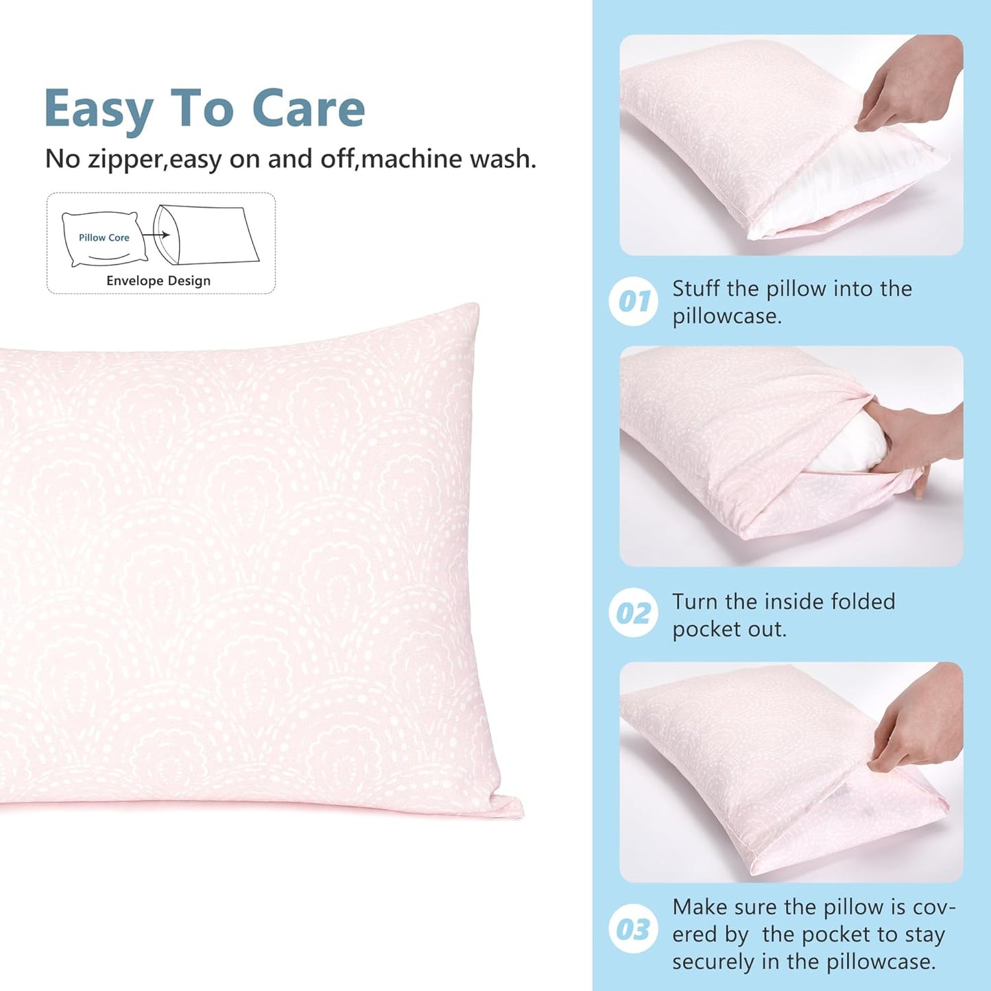 TILLYOU Toddler Pillowcase 2 Pack with Envelope Closure,13" x 18" Silky Soft Microfiber Travel Kids Pillowcase for Boys and Girls, Lucky Pony Peace Dove&Big Pink Flower