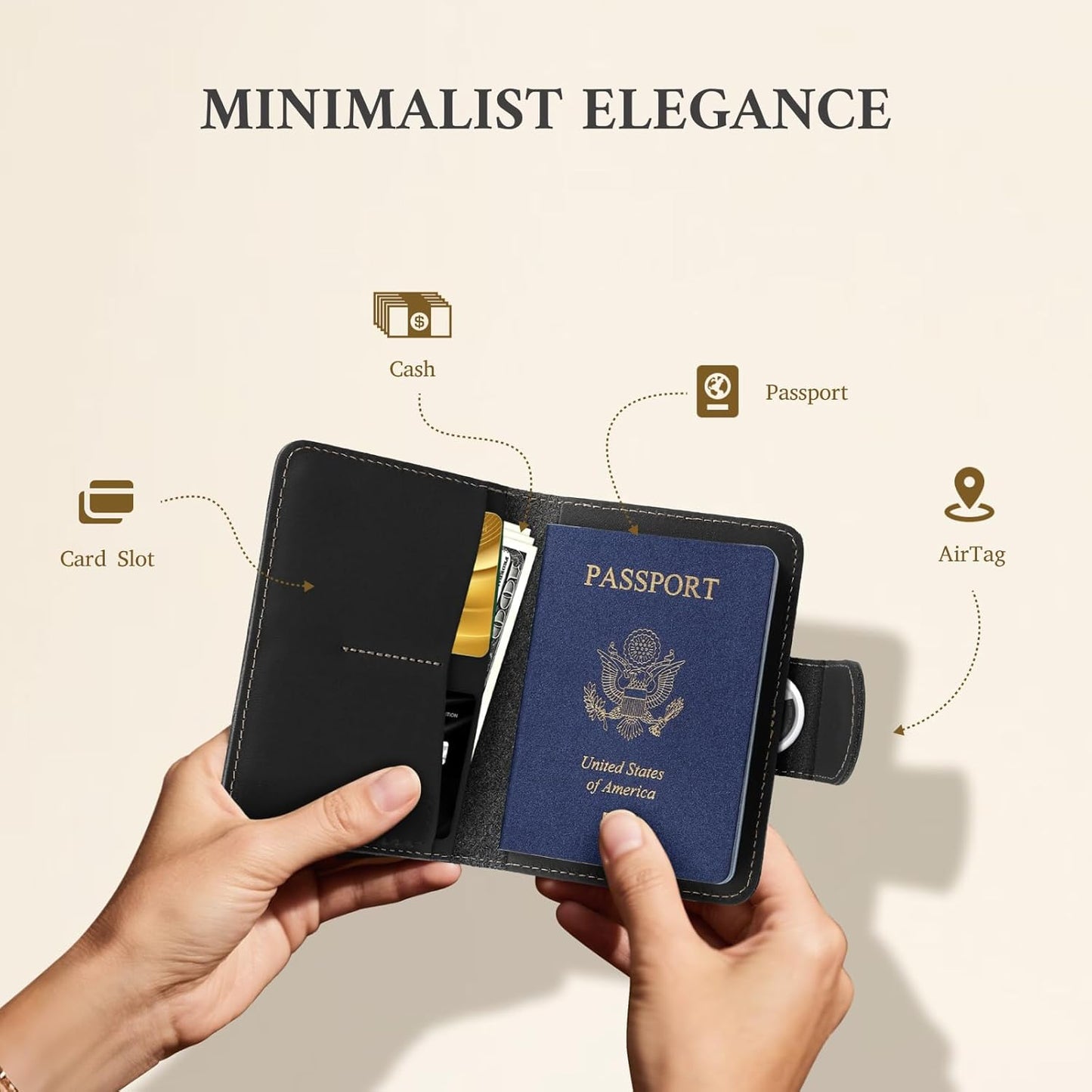 ALLIVE Passport Holder for Travel, Genuine Leather Passport Holder with AirTag Hidden Pocket, Rfid Blocking Passport Cover Travel Wallet for Women Men, Airport Essentials Gift (Black)