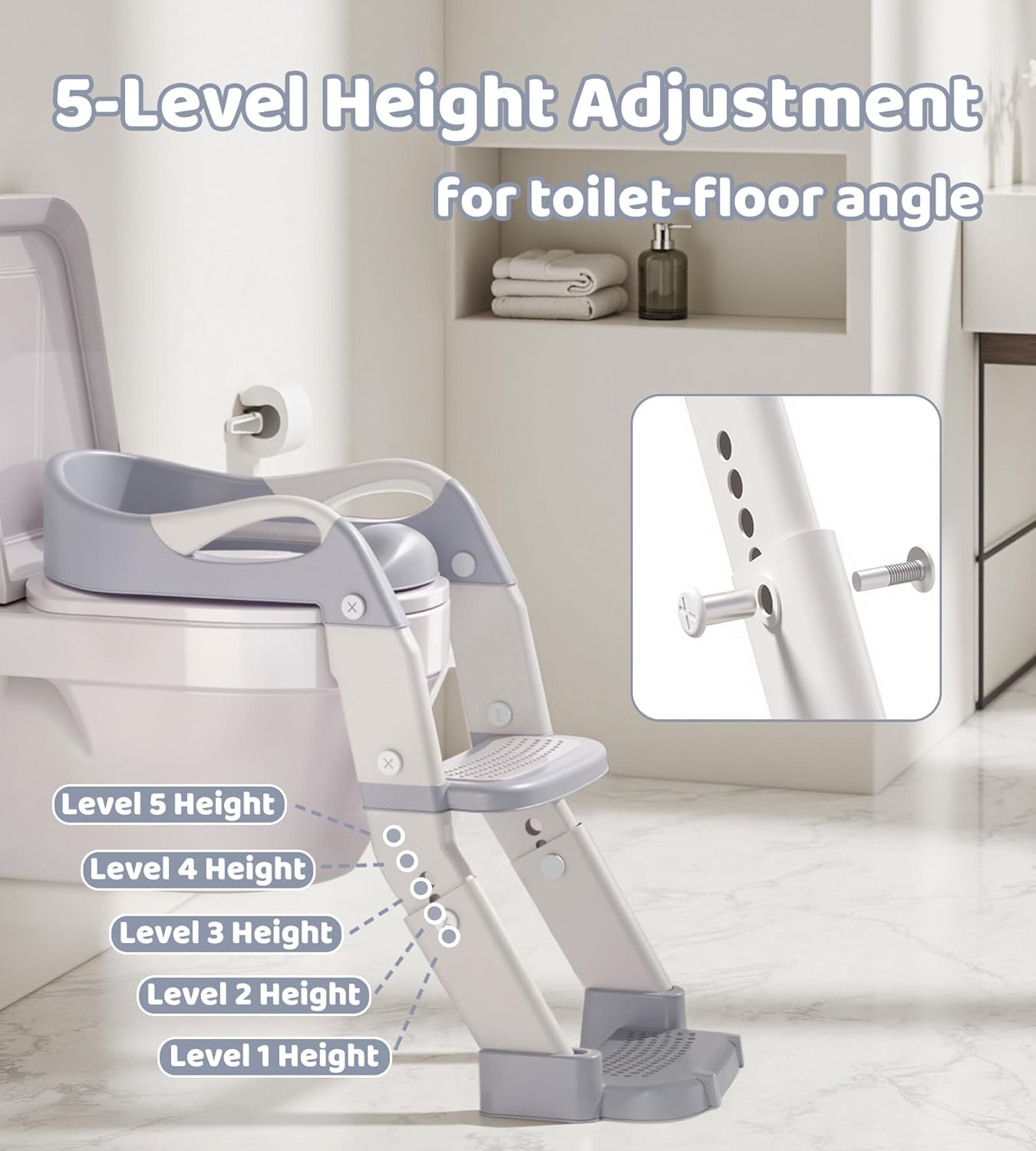 2-in-1 Toddler Potty Training Toilet Seat with Step Stool Ladder – Adjustable Height Potty Chair Urinal for Baby Boys Girls Age 1-3, Foldable Training Potty with Splash Guard & Anti-Slip Feet, Grey
