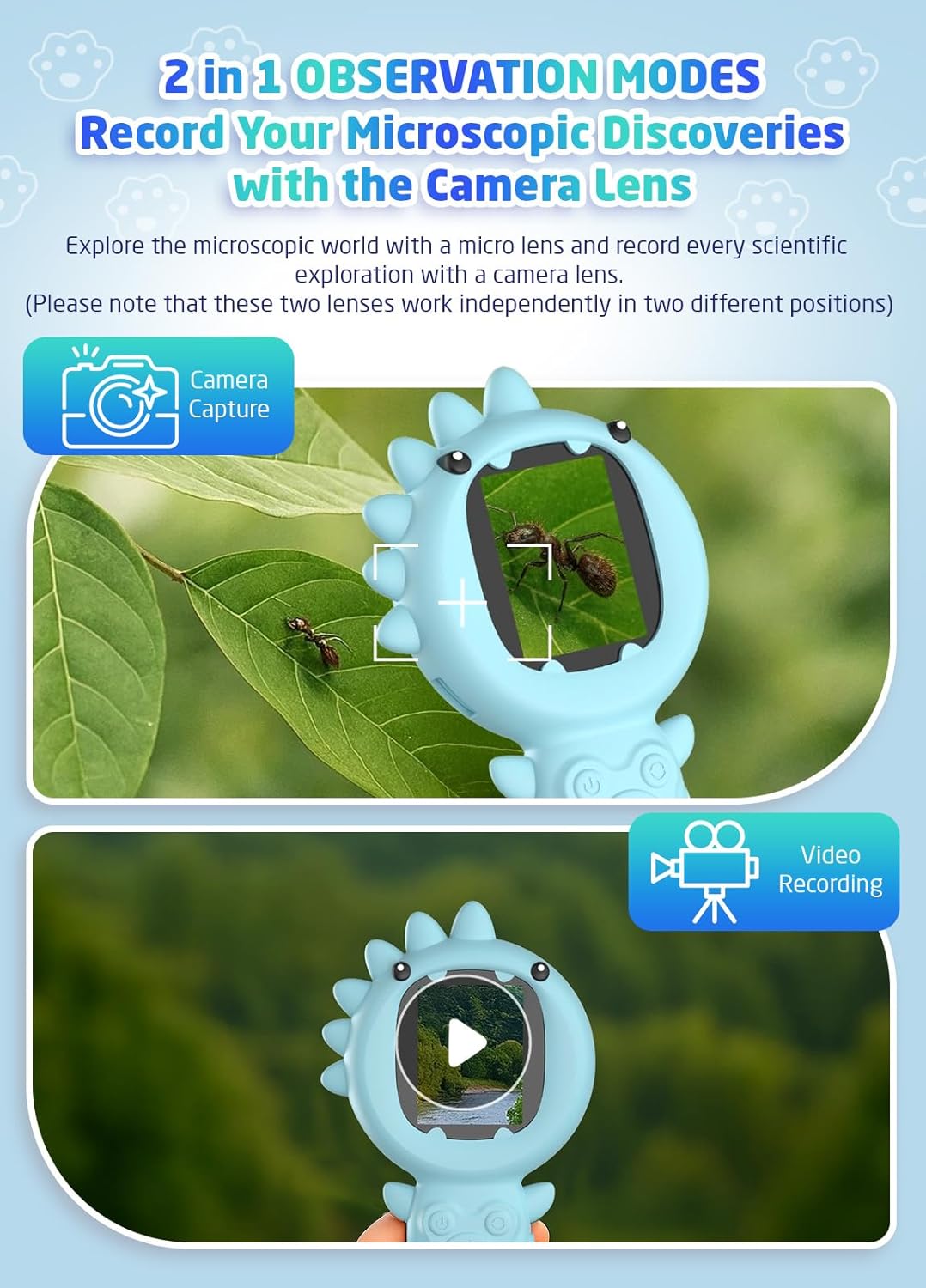 2-in-1 Microscope Camera for Kids, Mini Handheld Microscope Supporting Multiple Viewing Angles, Outdoor Educational Science Adventure Toys, Birthday Gifts for 3-10 Years Old Boys Girls, Blue Dinosaur