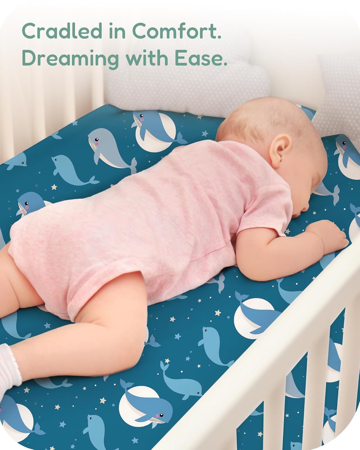 Baby Crib Sheets for Standard Crib Mattress - Navy Whale+Blue, Ultra Soft Jersey Knit, Breathable and Cozy, Fits 28''x52''x9'' Deep Pocket