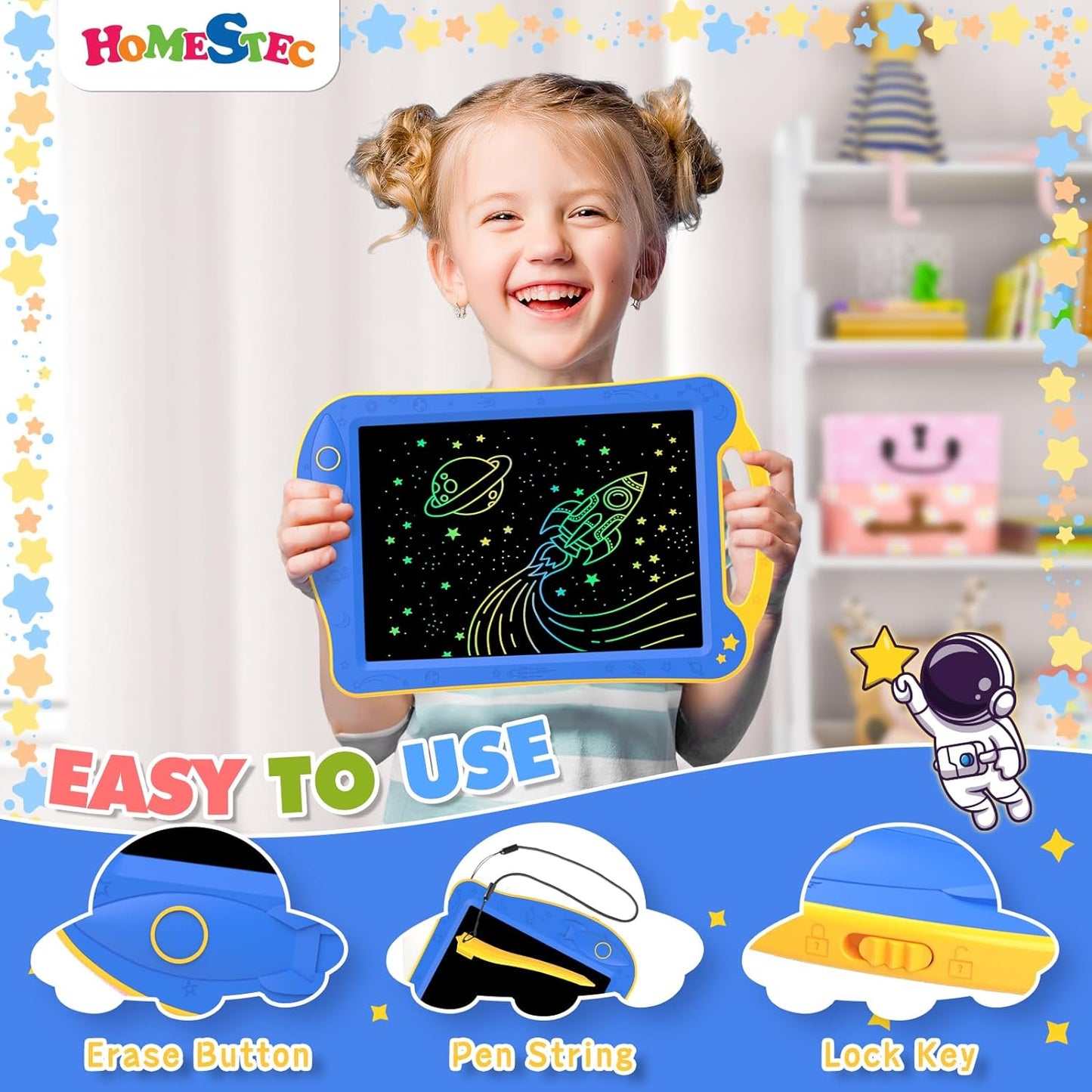 Astrodraw Drawing Pad Toys, Colorful LCD Writing Tablet for Kids, Doodle Board for Toddlers 3 4 5 6 Years Old, Travel Sensory Space Toy for Boys Girls, Birthday Gift Idea (Blue/Yellow)