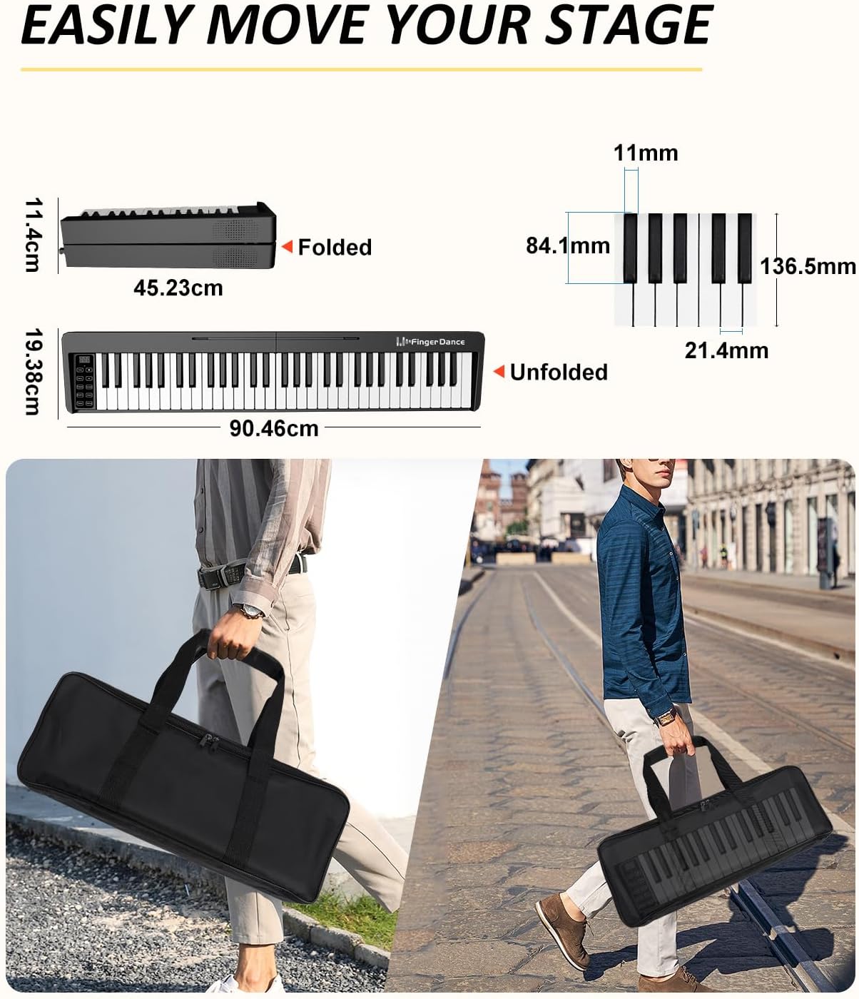 Finger Dance 61 Key Folding Piano Keyboard, Upgrand Imitation Wood Texture Keyboard Portable Piano, Bluetooth & MIDI, Foldable Keyboard Piano for Beginner - Deep Black