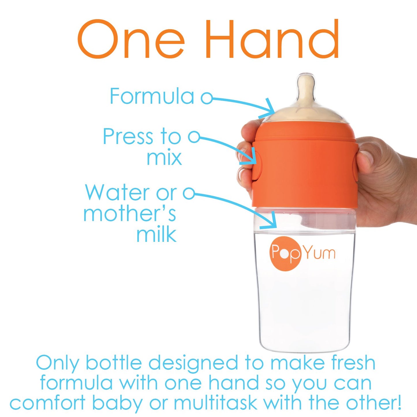 PopYum 9 oz Orange Anti-Colic Formula Making/Mixing/Dispenser Baby Bottles, 2-Pack with #2 Medium Flow Nipples, 260 ml, BPA-Free, Natural Latch