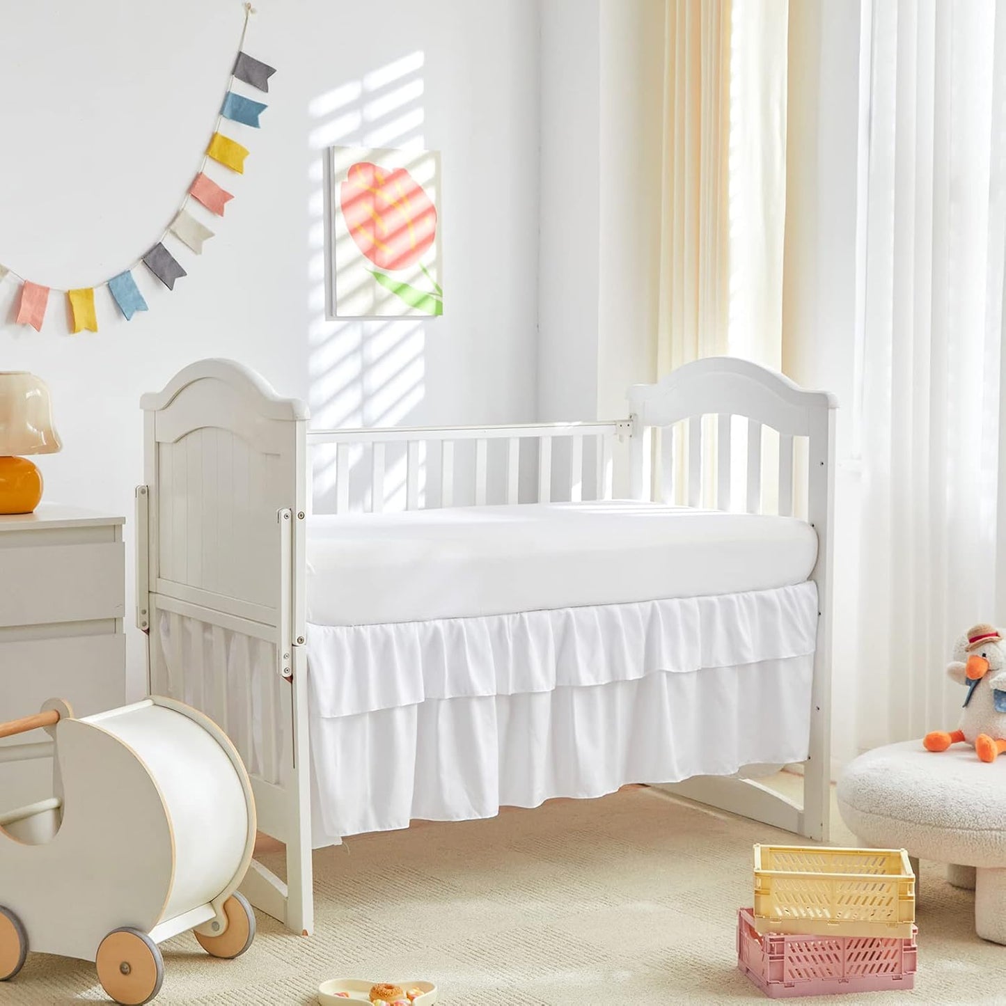 Mini Crib Bedding Set 3 Pieces Baby Boho Quilted Tufted Ruffles Comforter with Fitted Sheet and Ruffled Bed Skirt - Cute Shabby Baby Bedding Fits Mini Crib Only White