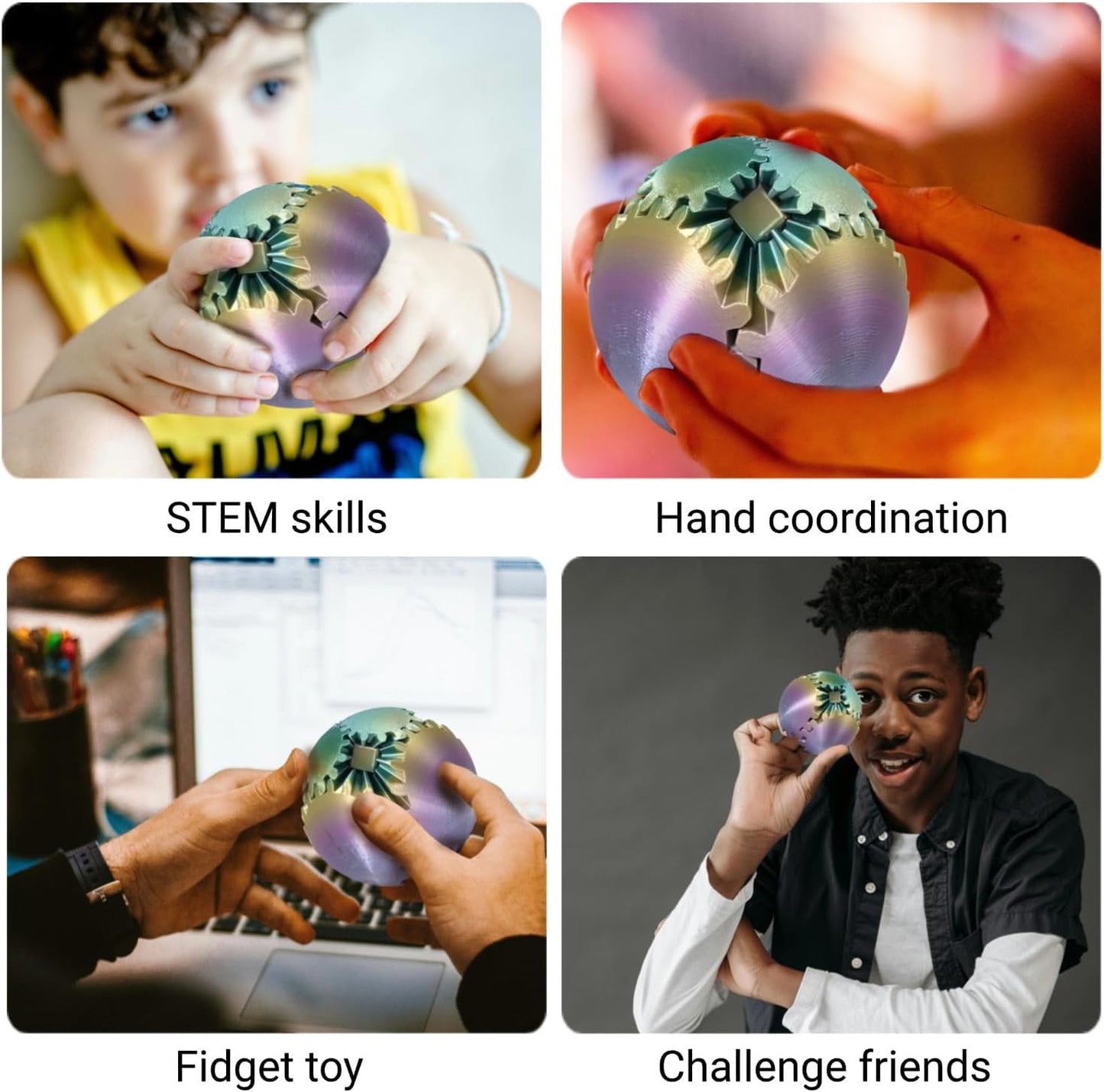 3D Printed Gear Ball, Gear Sphere Fidget Toy Stress Relif Toy for ADHD, Anxiety Relaxing Toy for Adults at Work/Study/Travel, Candy Color