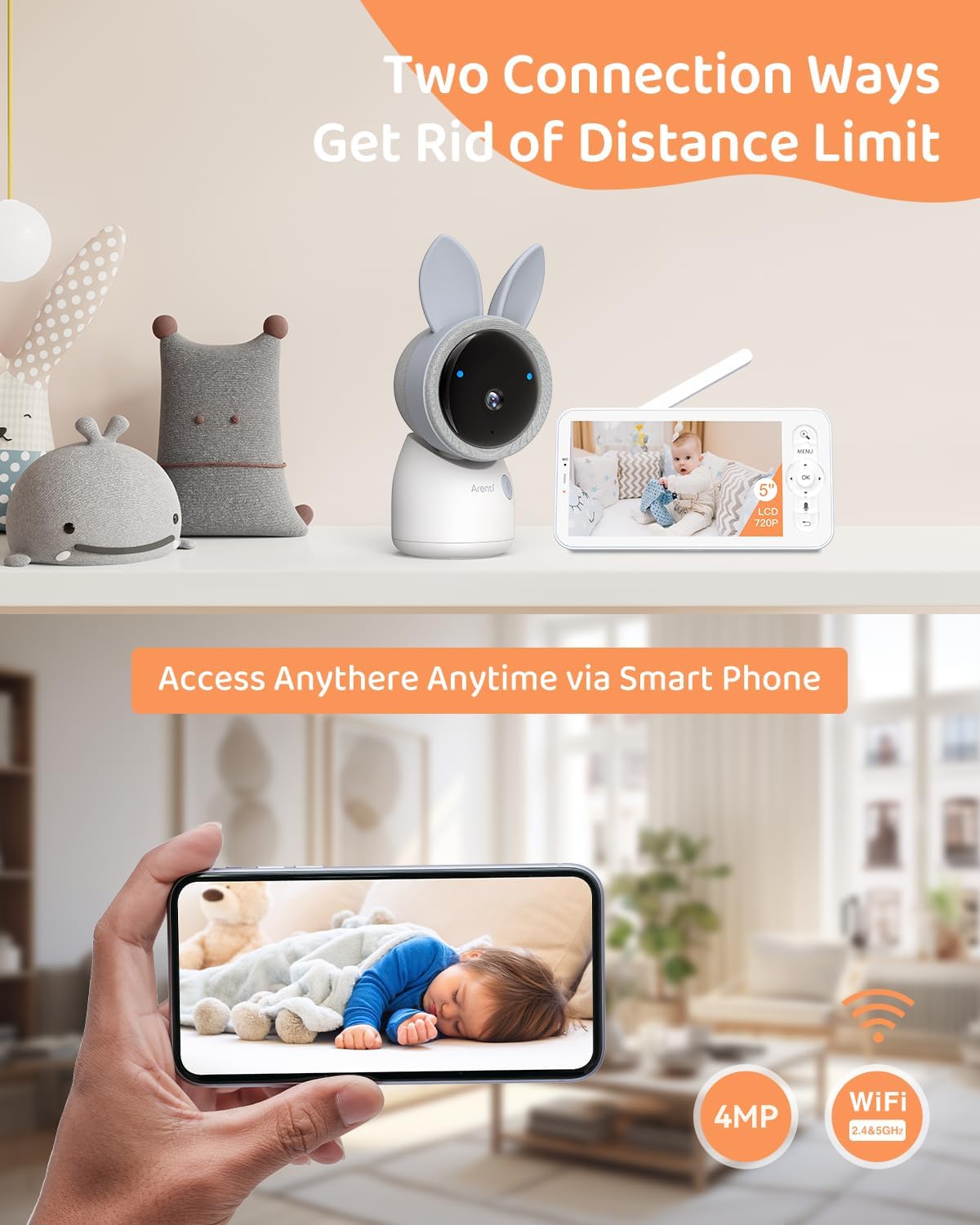ARENTI 4MP 2.4G&5G WiFi Baby Monitor with Camera and Audio, Night Light, Auto Traking, Cry&Motion Detection, Temperature Sensor, App Control